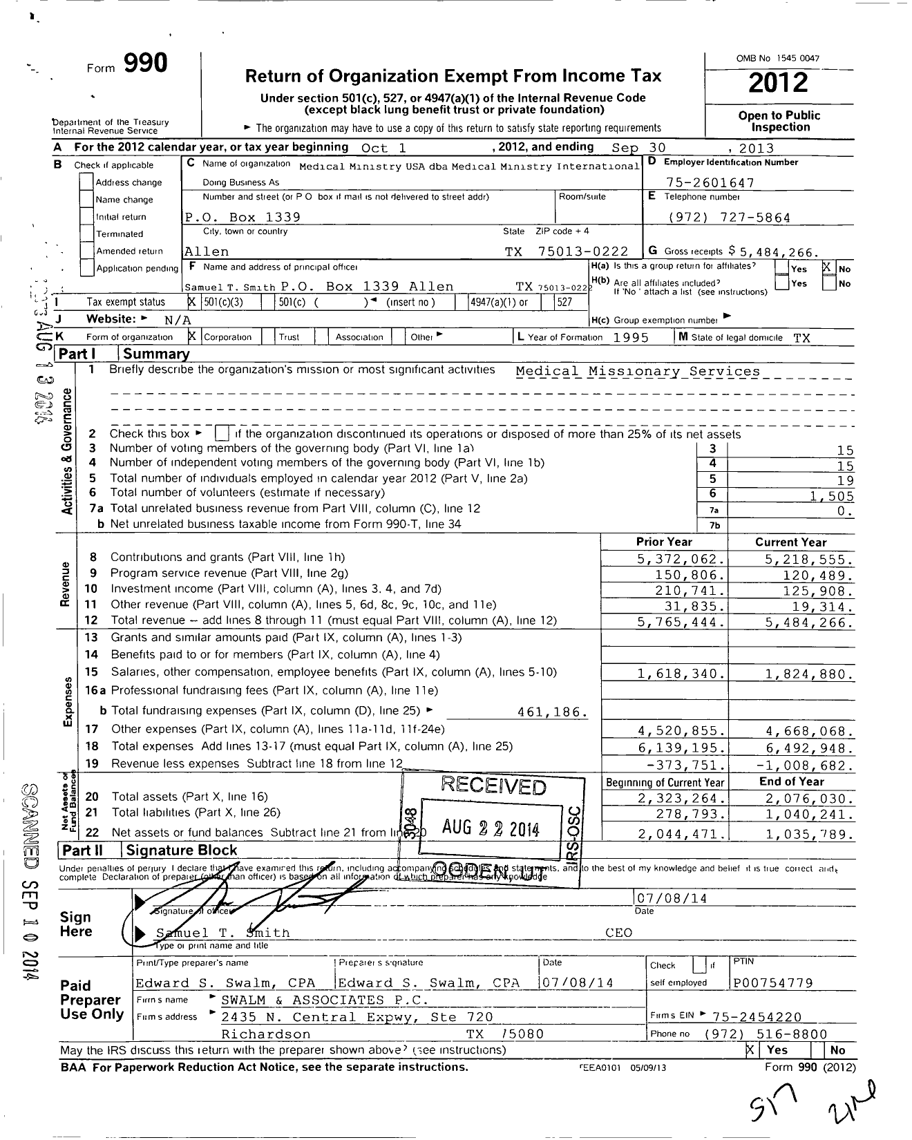 Image of first page of 2012 Form 990 for Medical Ministry USA