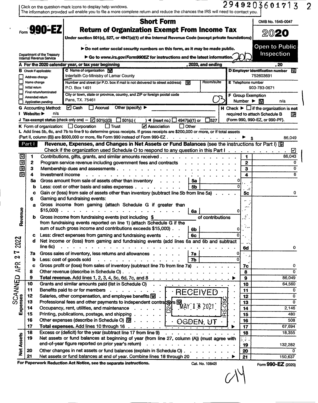 Image of first page of 2020 Form 990EZ for Inter-Faith Co-Ministry of Lamar County