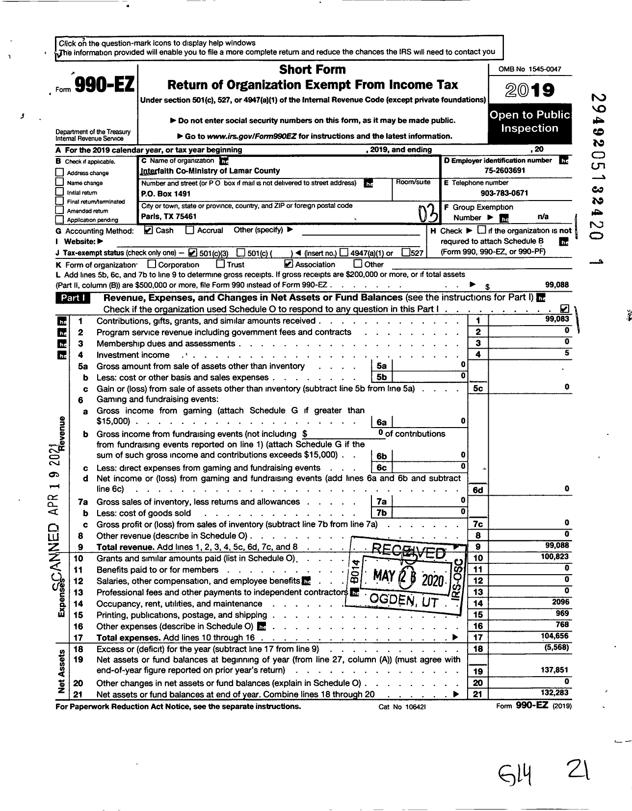 Image of first page of 2019 Form 990EZ for Inter-Faith Co-Ministry of Lamar County