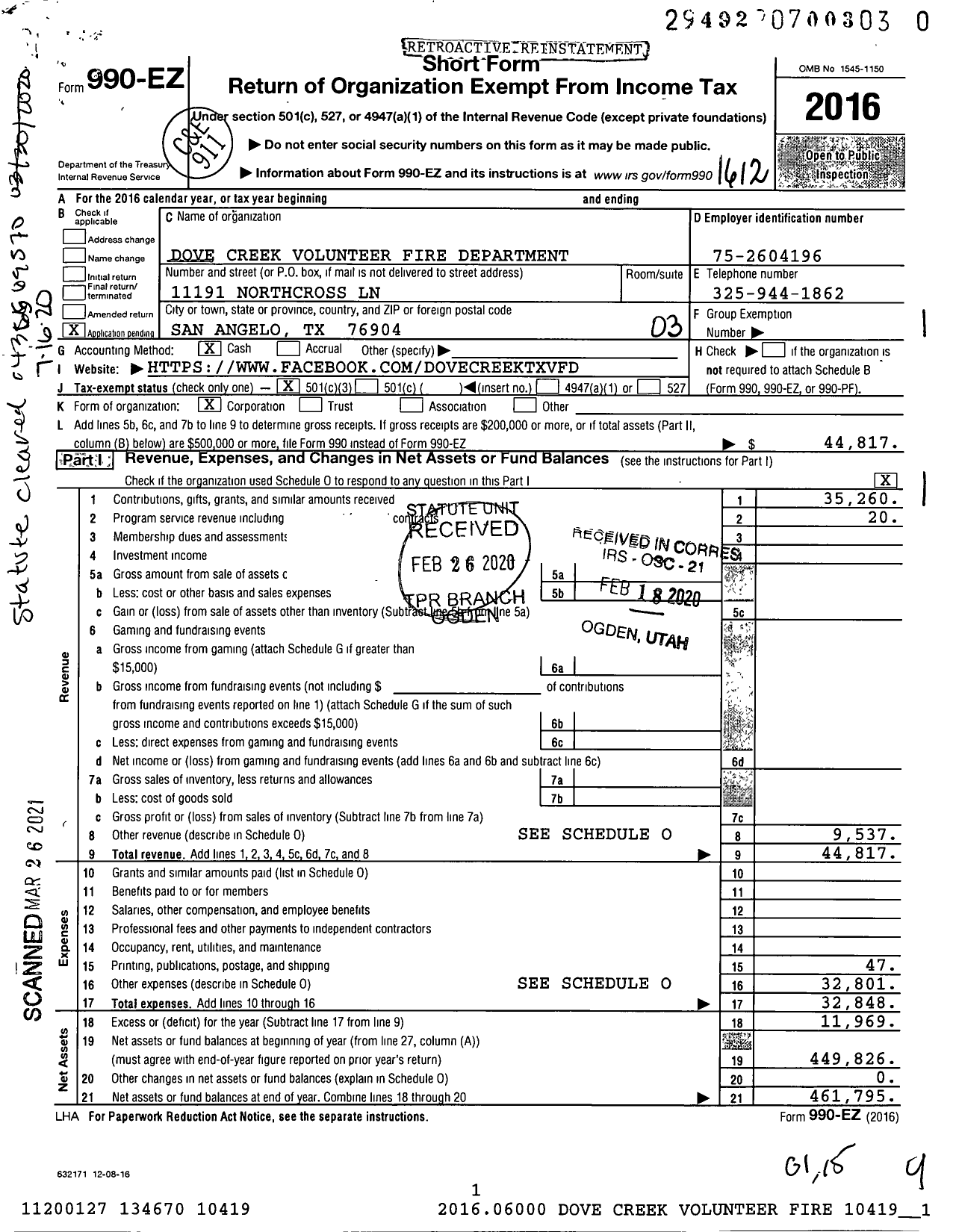 Image of first page of 2016 Form 990EZ for Dove Creek Volunteer Fire Department