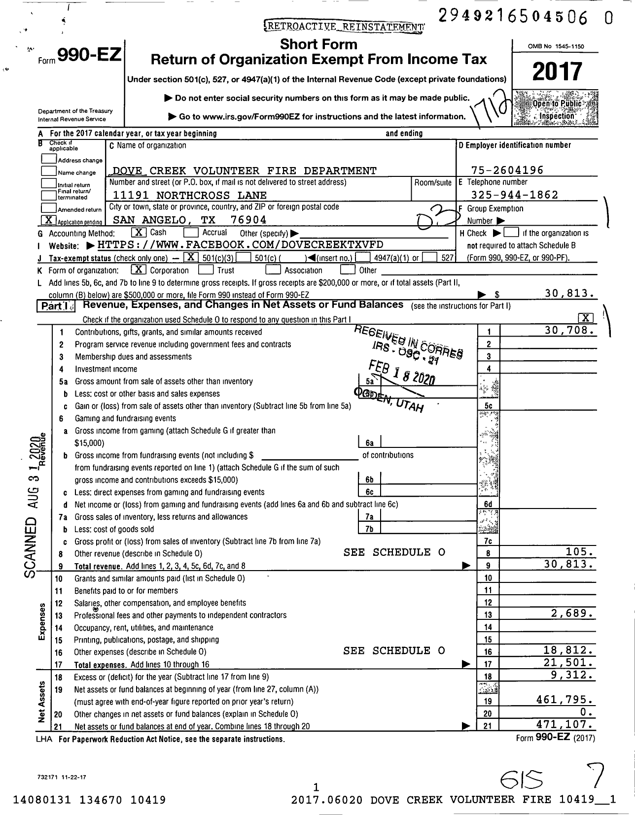 Image of first page of 2017 Form 990EZ for Dove Creek Volunteer Fire Department