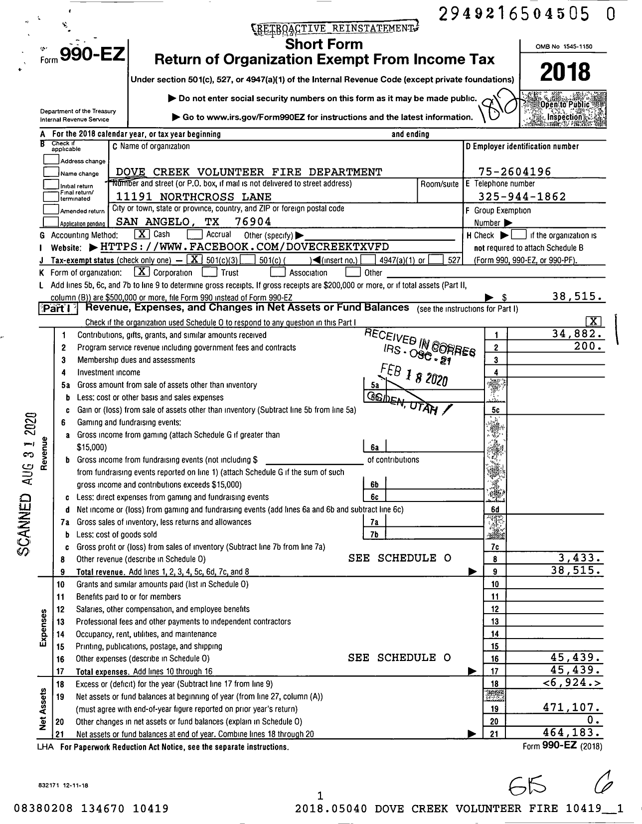 Image of first page of 2018 Form 990EZ for Dove Creek Volunteer Fire Department