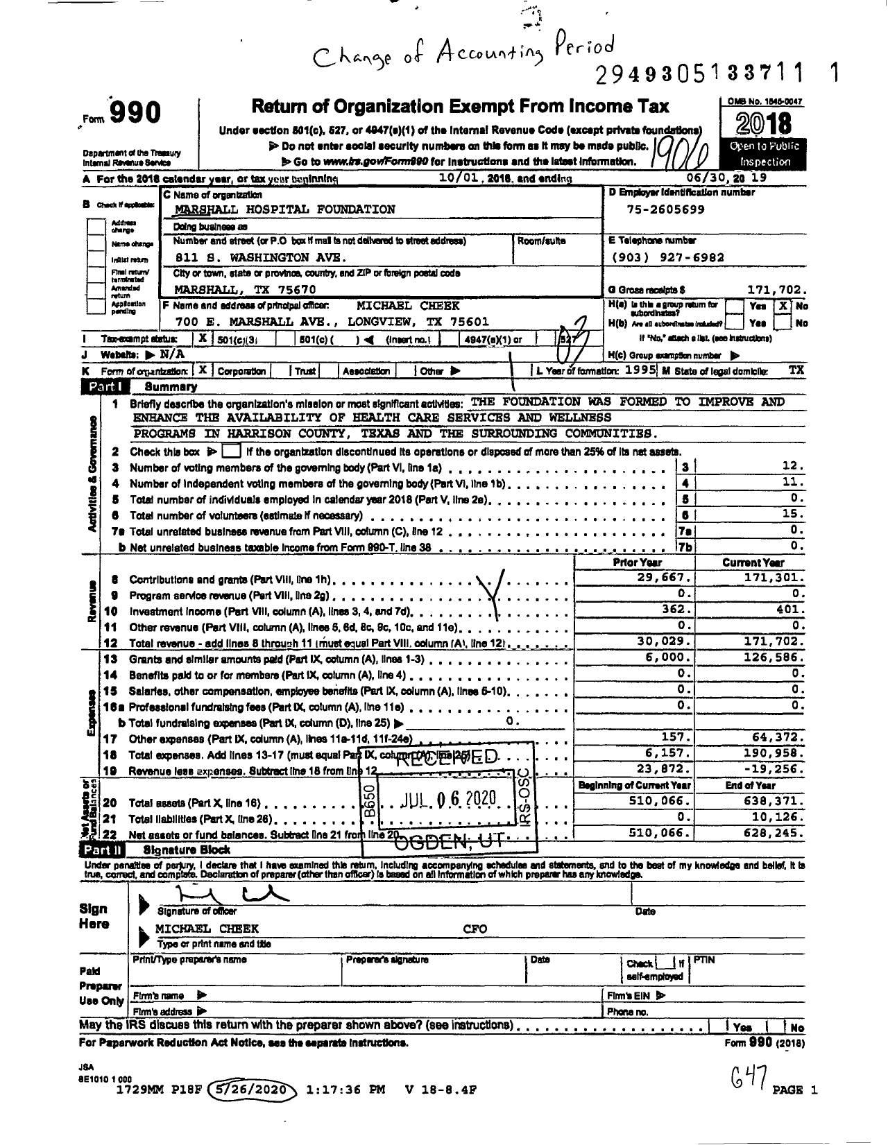 Image of first page of 2018 Form 990 for Marshall Hospital Foundation