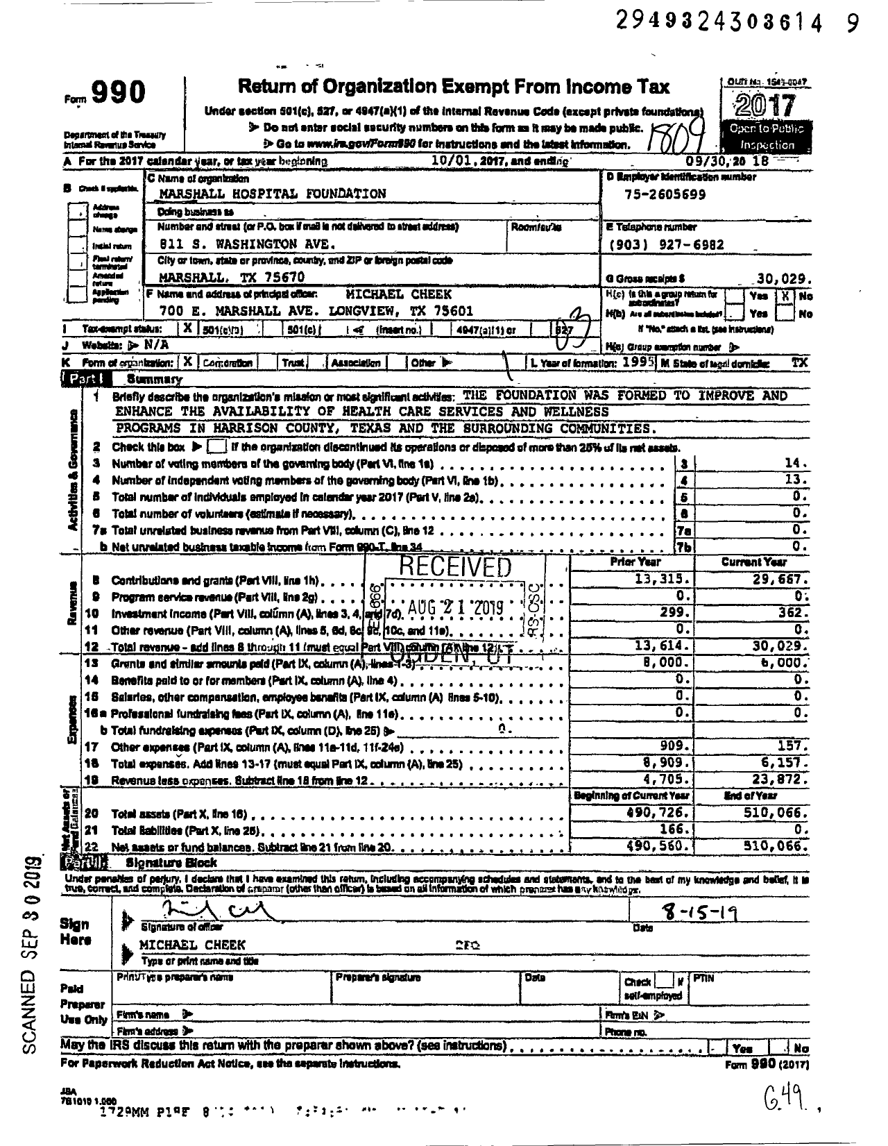 Image of first page of 2017 Form 990 for Marshall Hospital Foundation