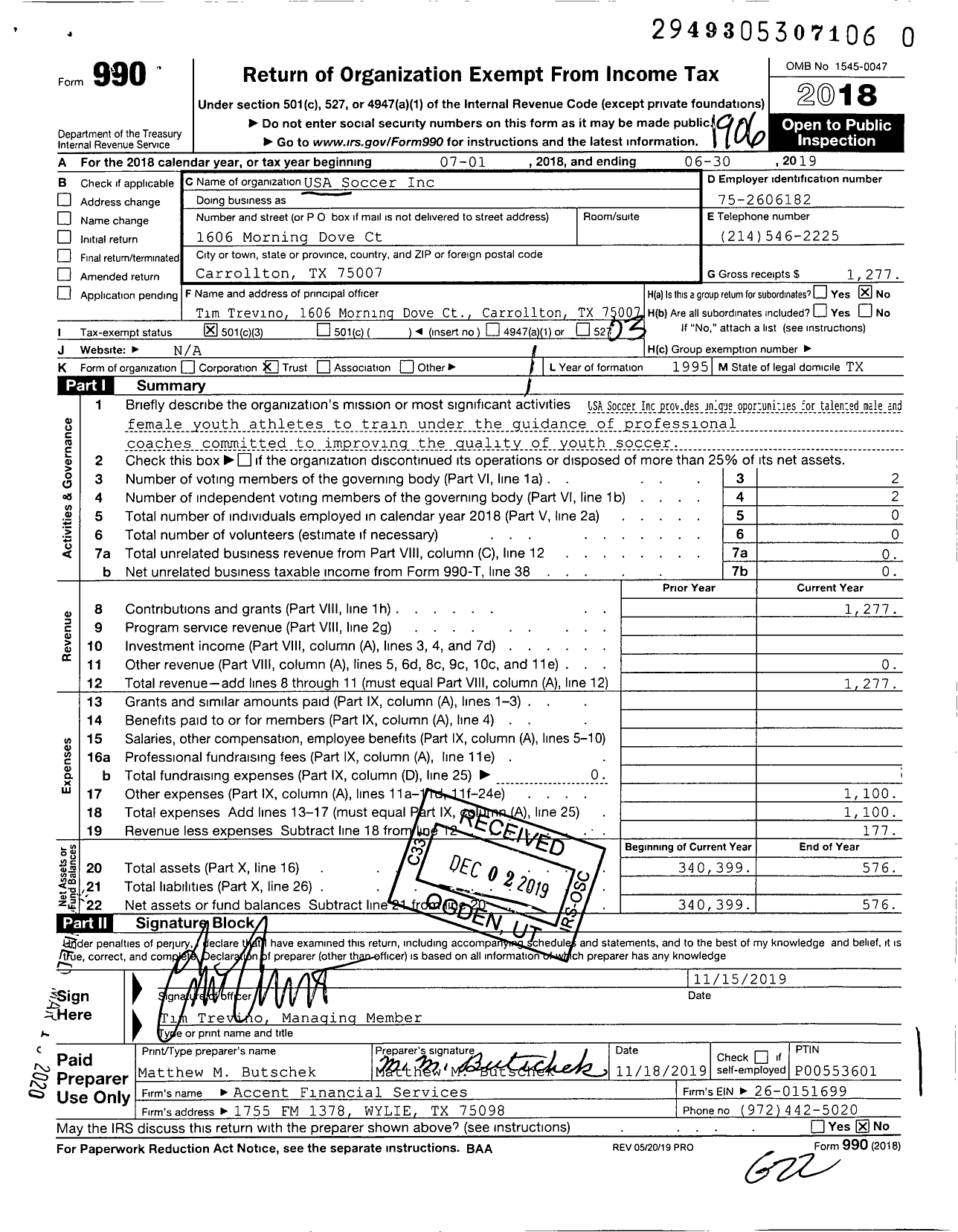 Image of first page of 2018 Form 990 for USA Soccer