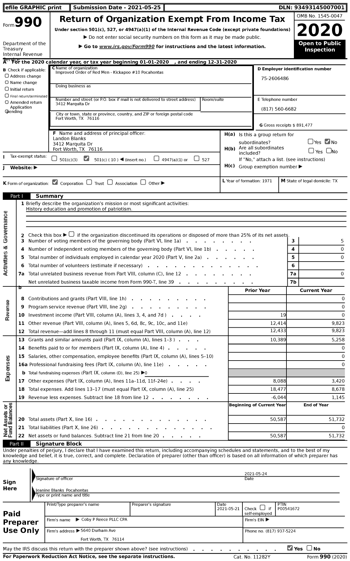 Image of first page of 2020 Form 990 for Improved Order of Red Men of Texas - 10 Kickapoo Council Degree of Pocah