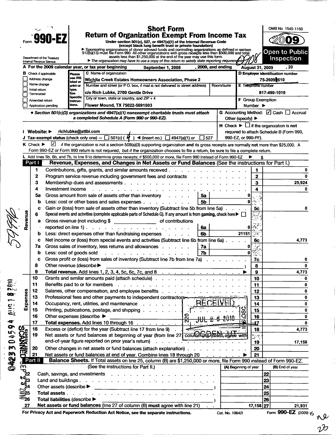 Image of first page of 2008 Form 990EO for Wichita Creek Estates Homeowners Association-Phase Ii