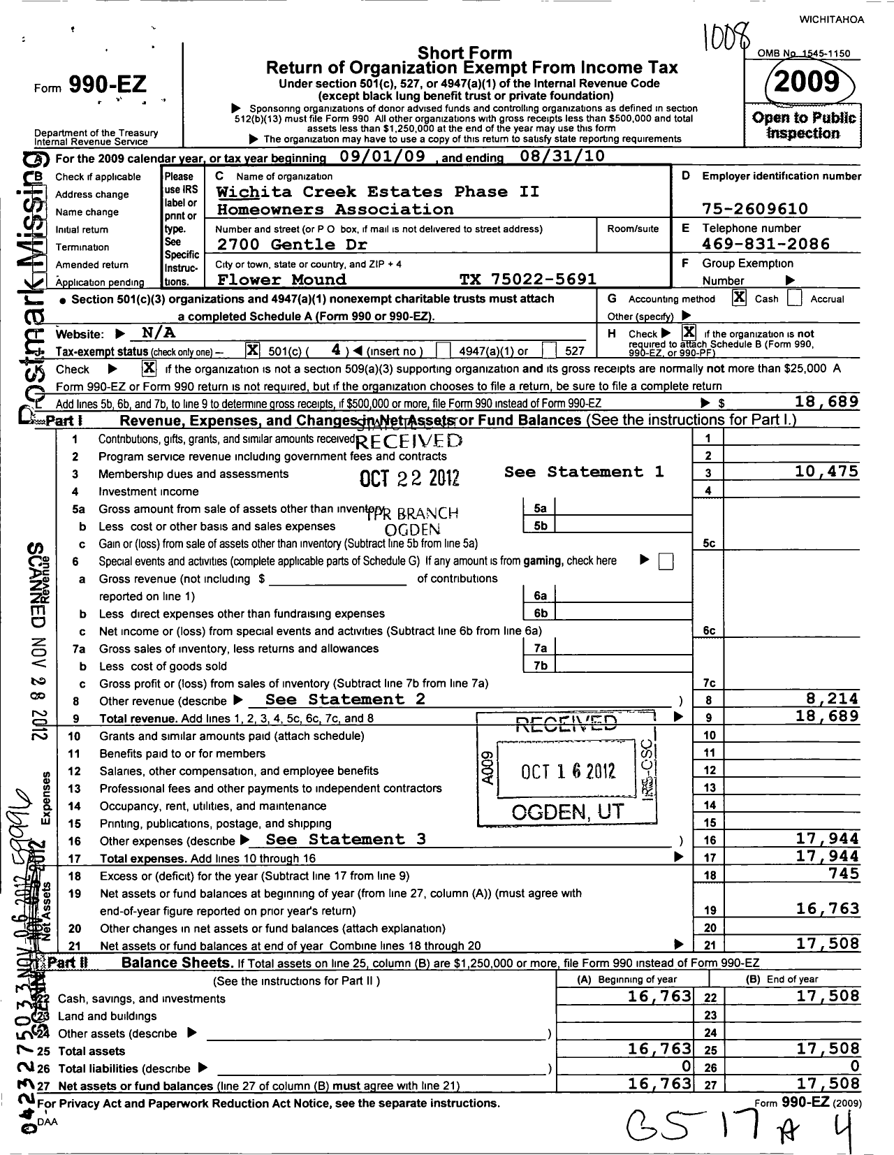 Image of first page of 2009 Form 990EO for Wichita Creek Estates Homeowners Association-Phase Ii