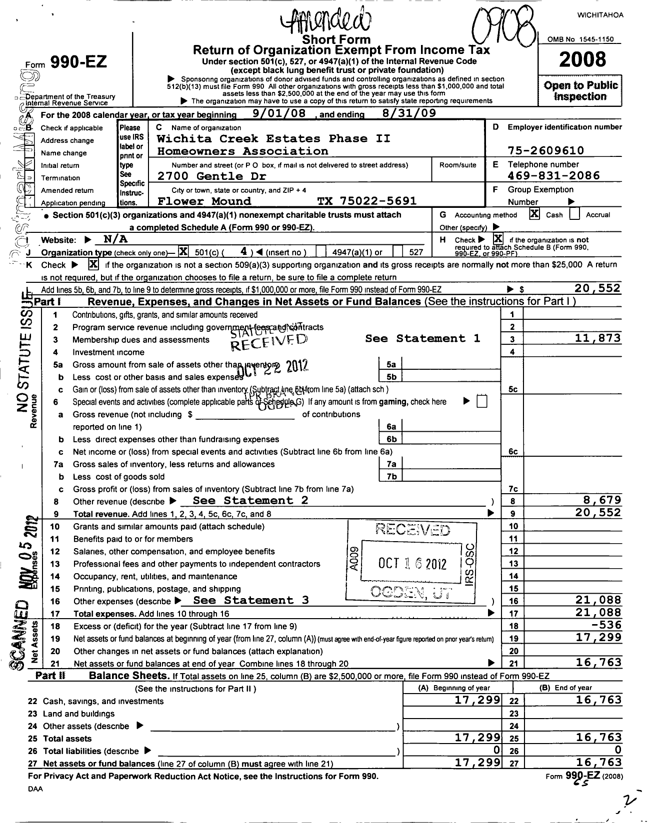 Image of first page of 2008 Form 990EO for Wichita Creek Estates Homeowners Association-Phase Ii