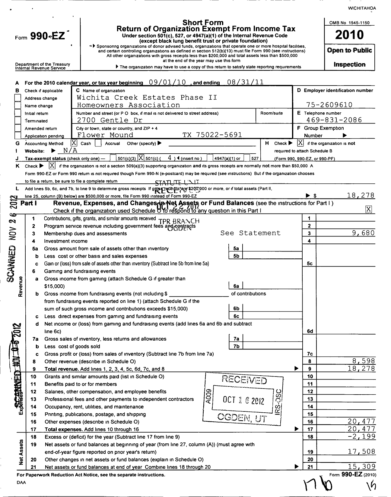 Image of first page of 2010 Form 990EO for Wichita Creek Estates Homeowners Association-Phase Ii