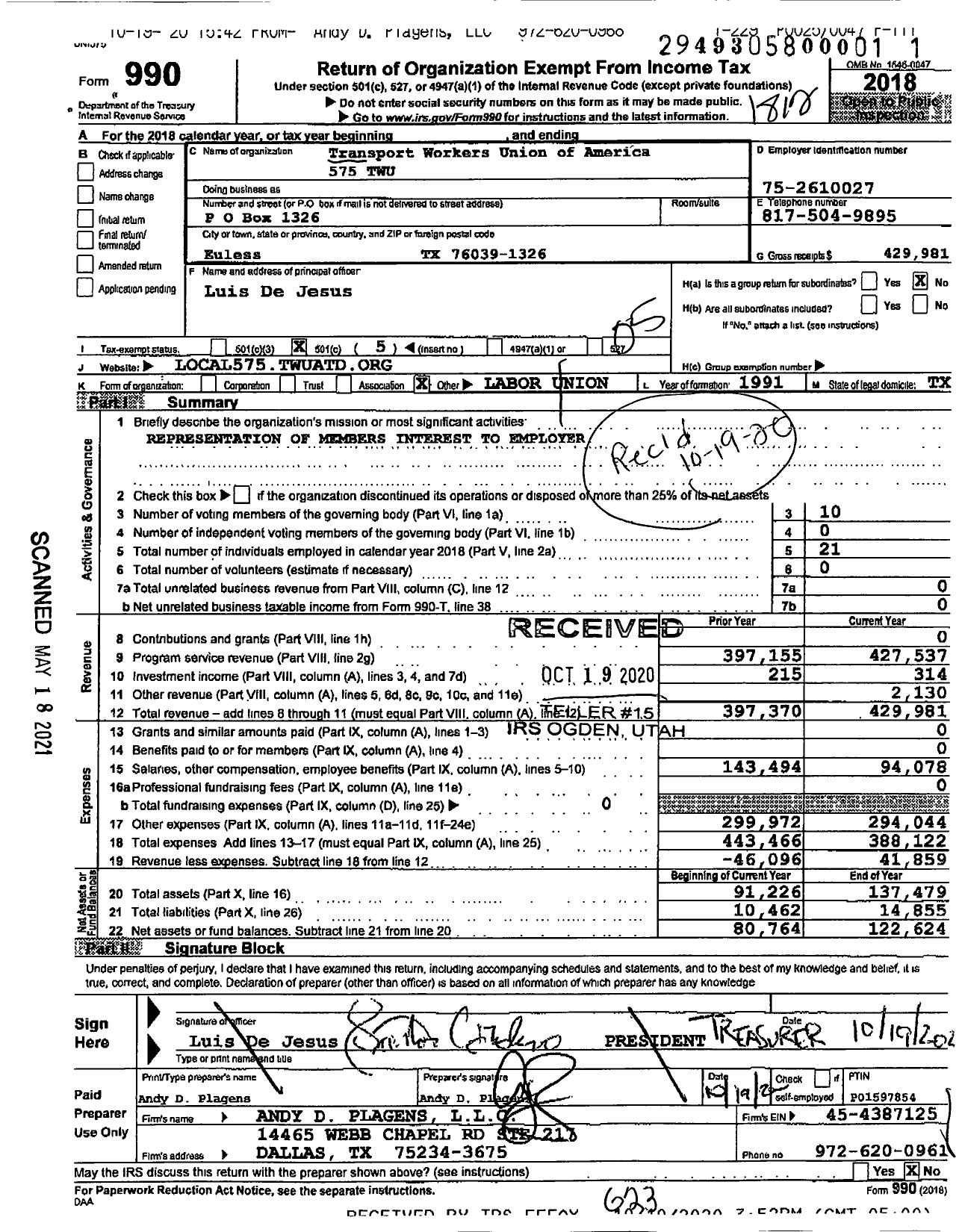 Image of first page of 2018 Form 990O for Transport Workers Union - 575 Twu