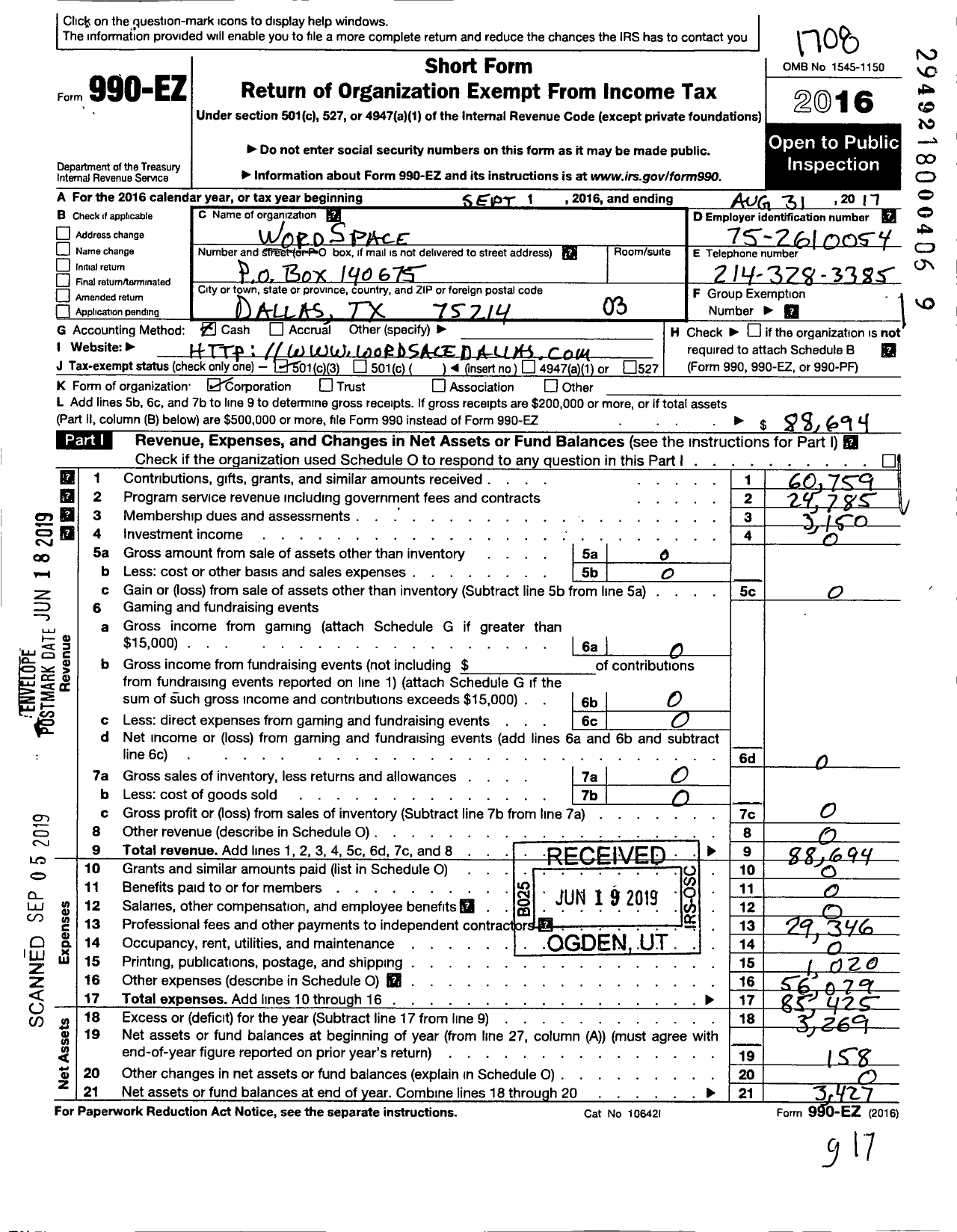 Image of first page of 2016 Form 990EZ for WordSpace