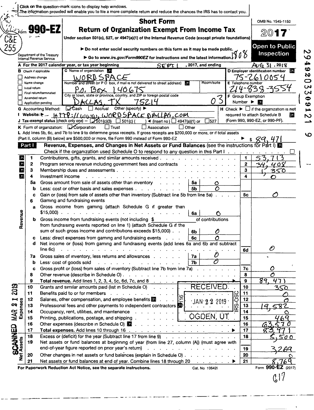 Image of first page of 2017 Form 990EZ for WordSpace