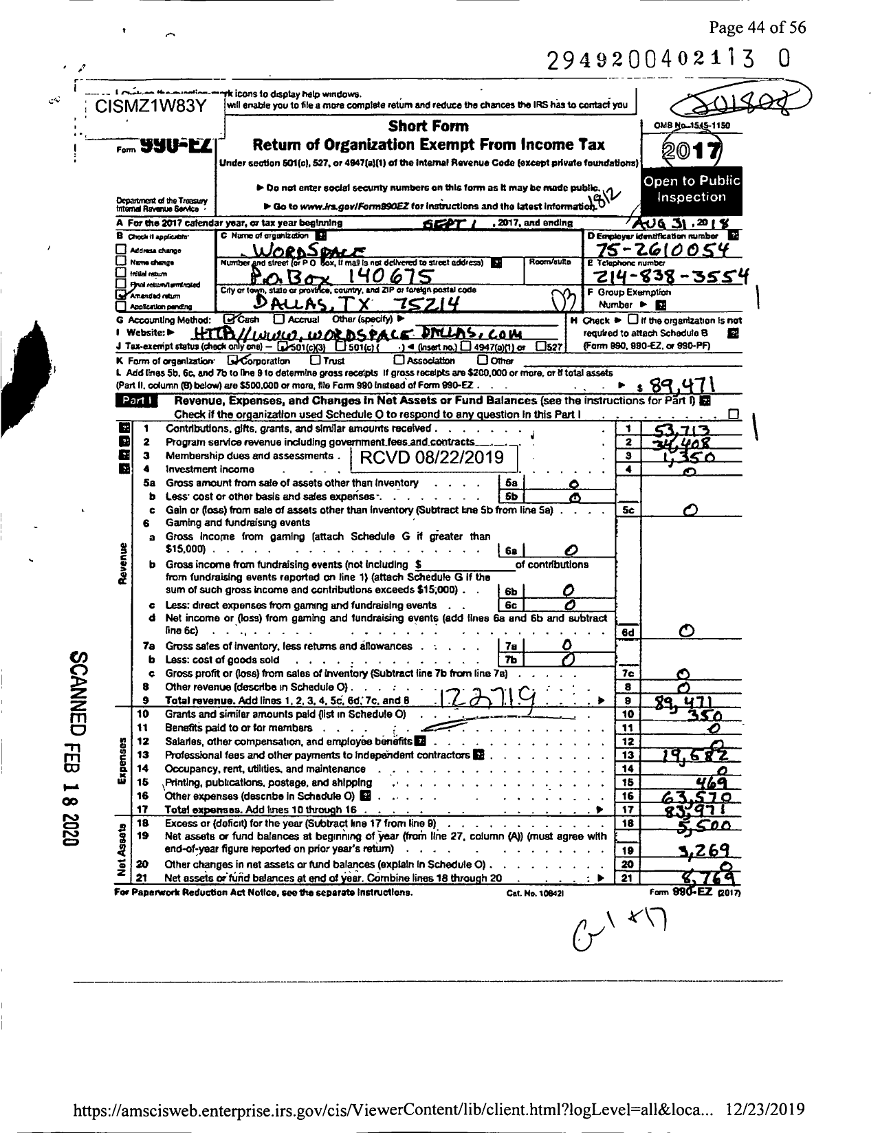 Image of first page of 2018 Form 990EZ for WordSpace