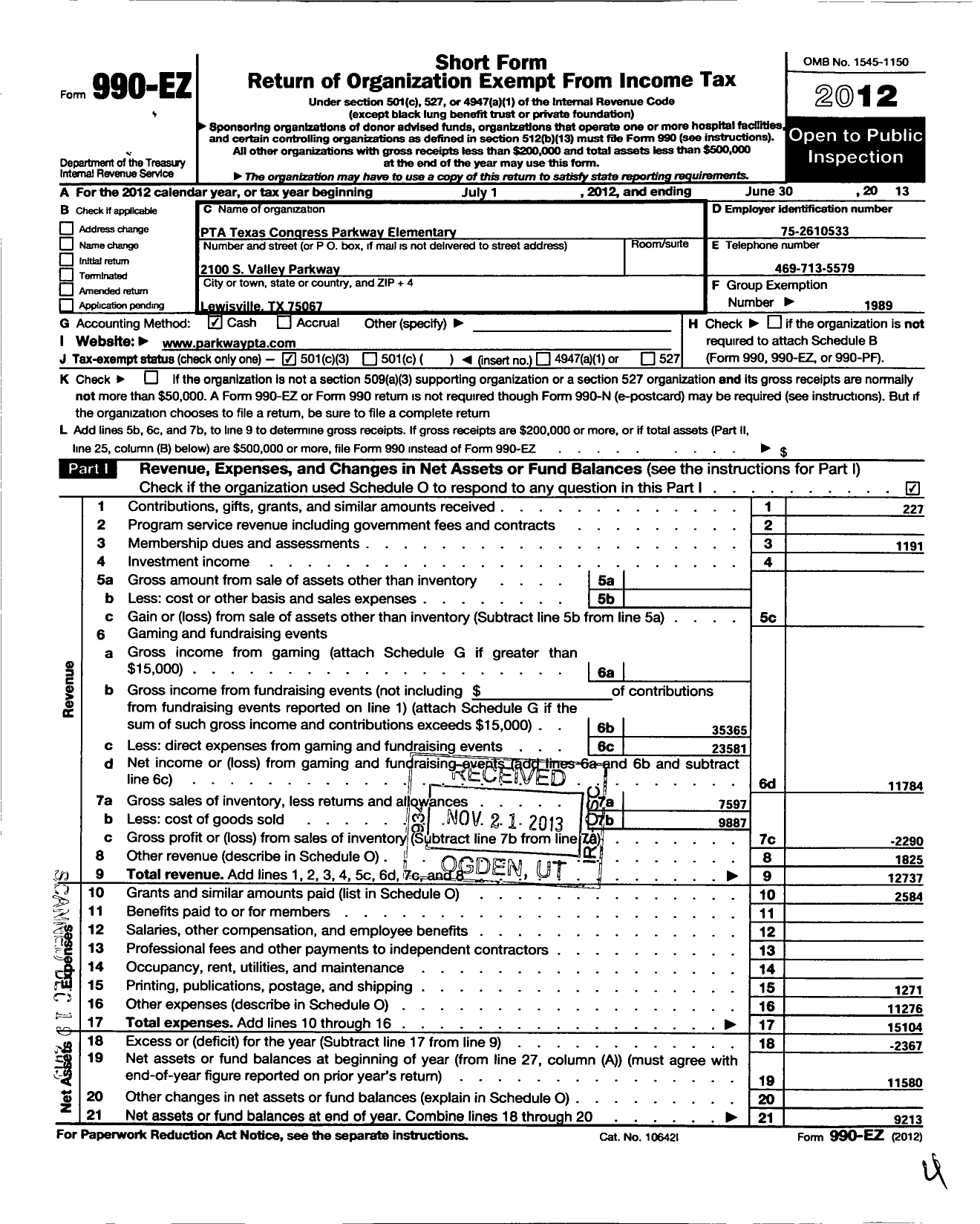 Image of first page of 2012 Form 990EZ for Texas PTA - 6059 Parkway Elementary