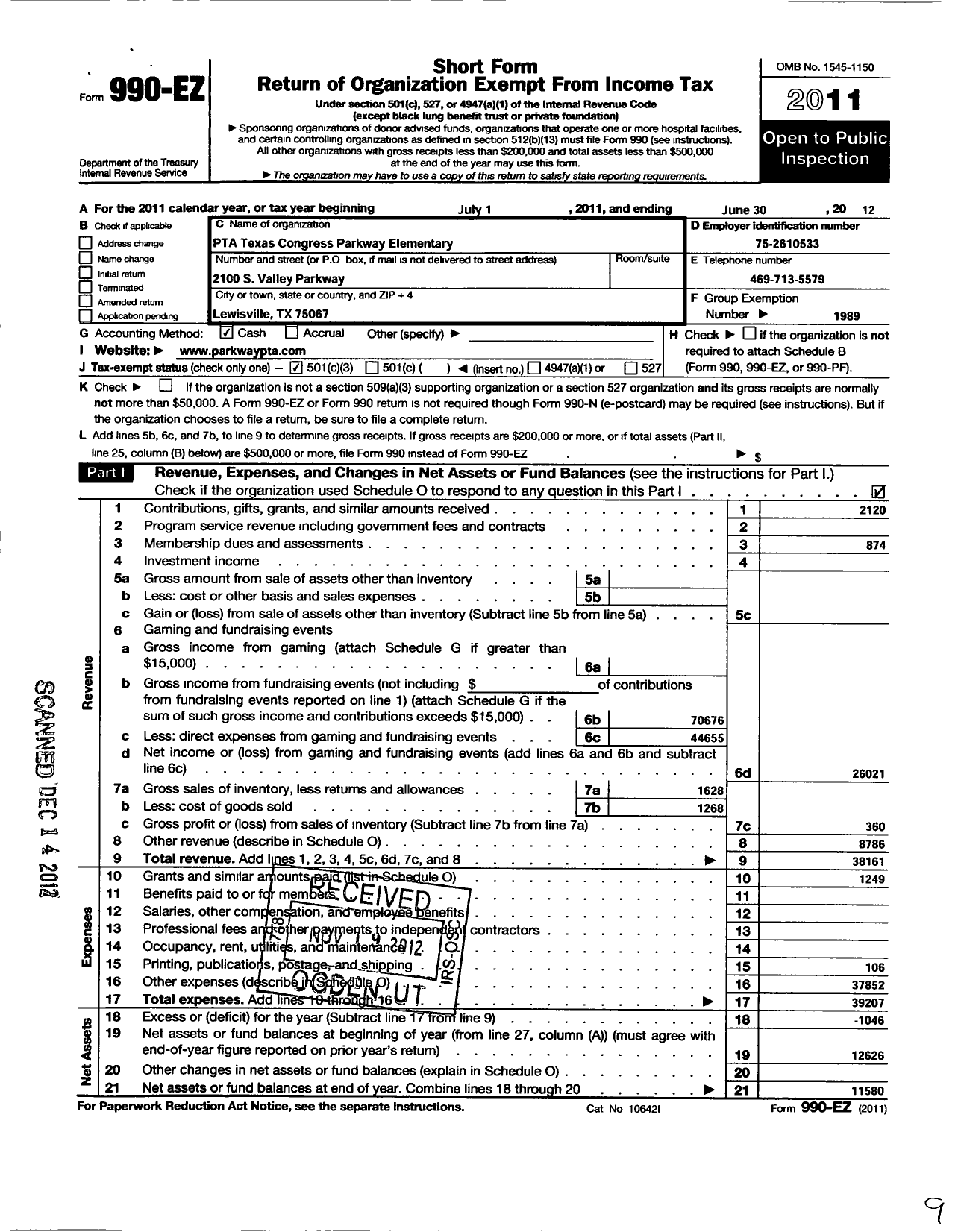 Image of first page of 2011 Form 990EZ for Texas PTA - 6059 Parkway Elementary