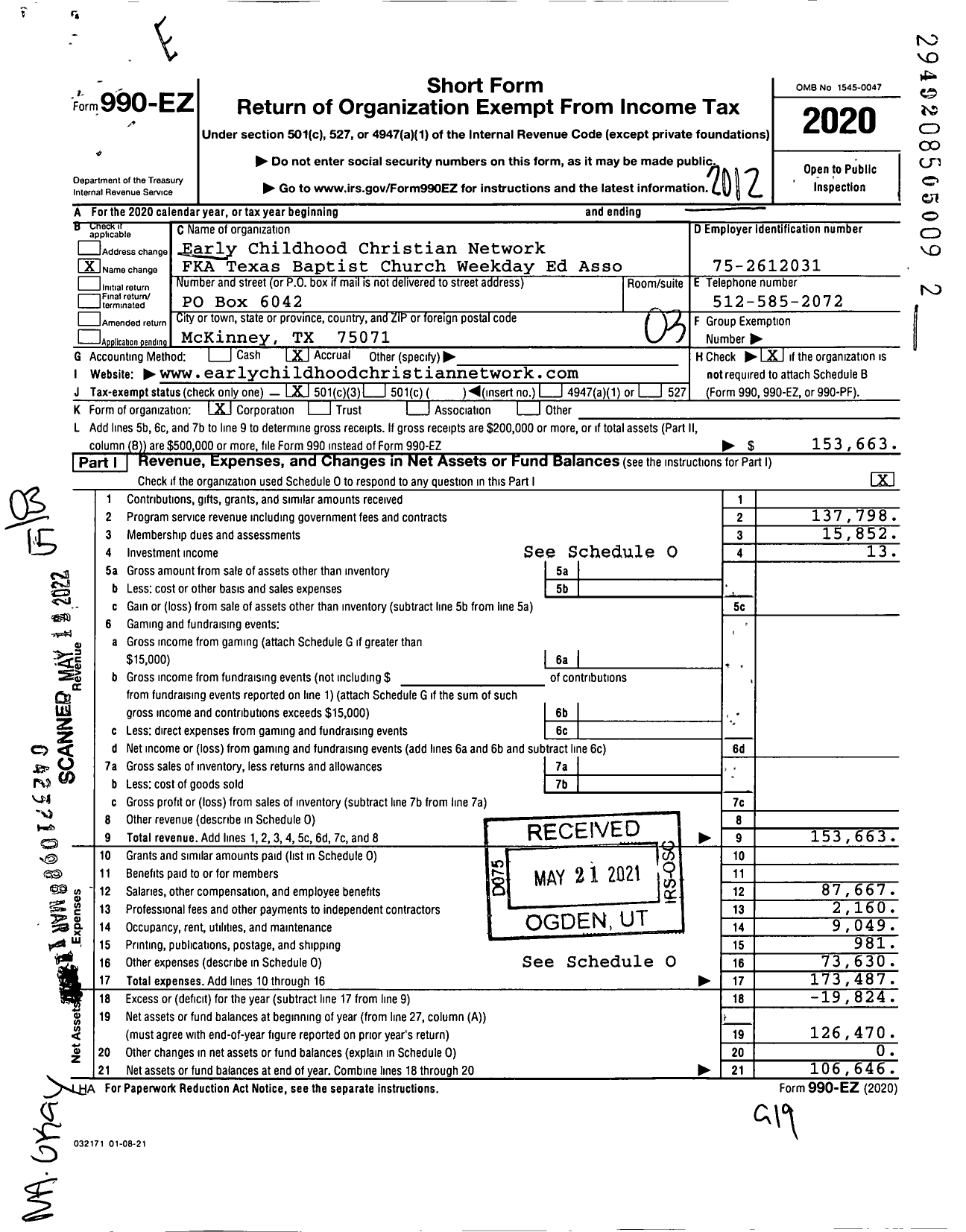 Image of first page of 2020 Form 990EZ for Early Childhood Christian Network