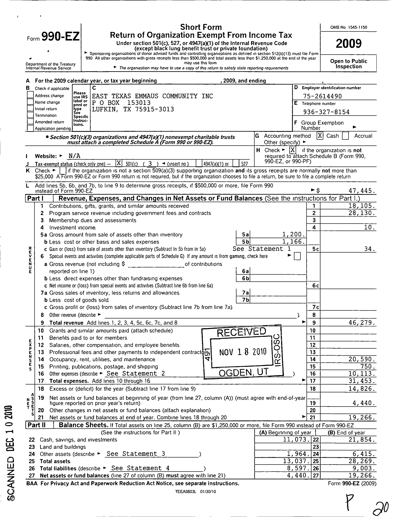 Image of first page of 2009 Form 990EZ for East Texas Emmaus Community