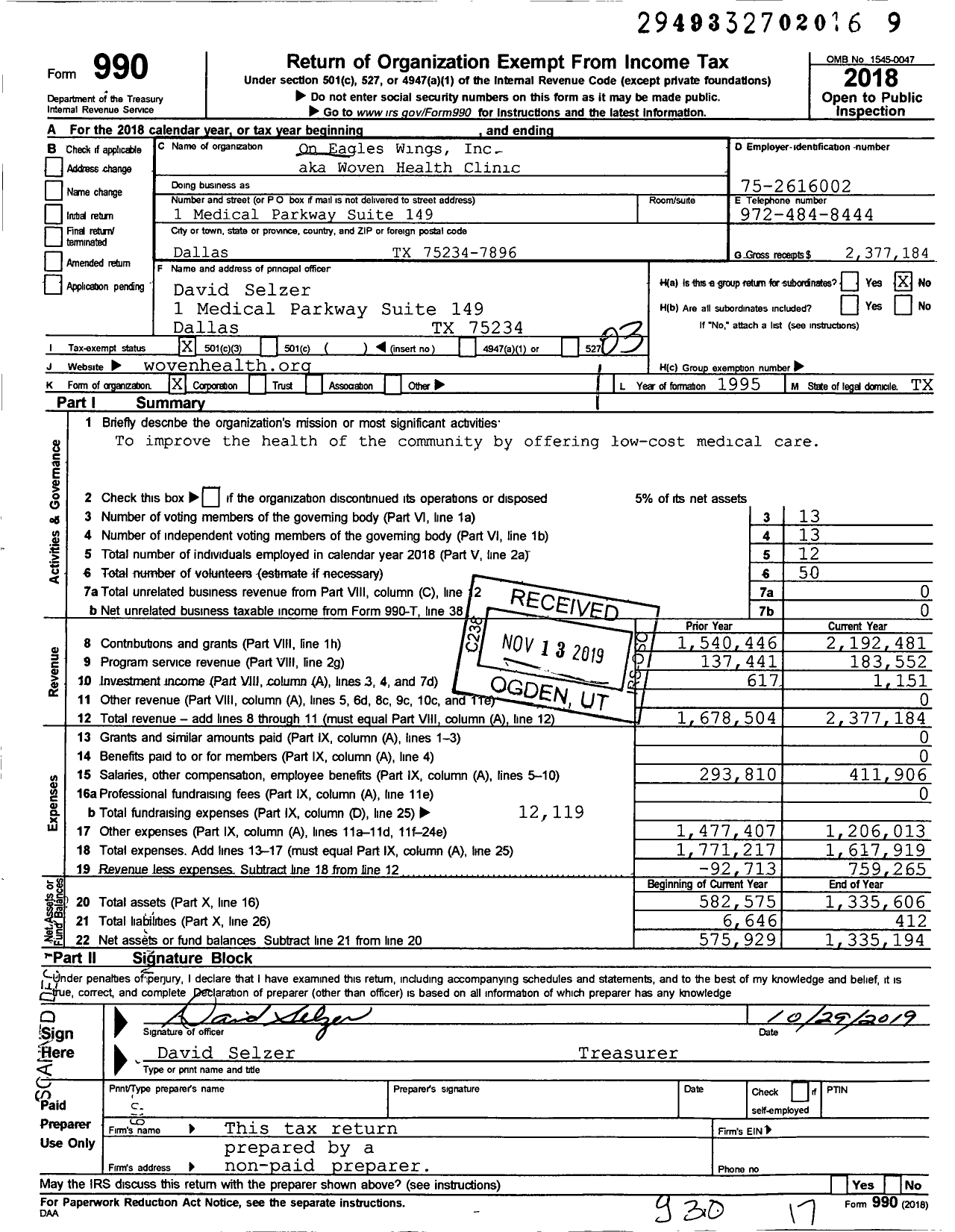 Image of first page of 2018 Form 990 for Woven Health Clinic