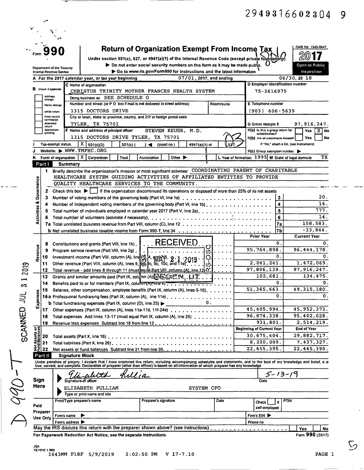 Image of first page of 2017 Form 990 for CHRISTUS Northeast Texas Health System Corporation