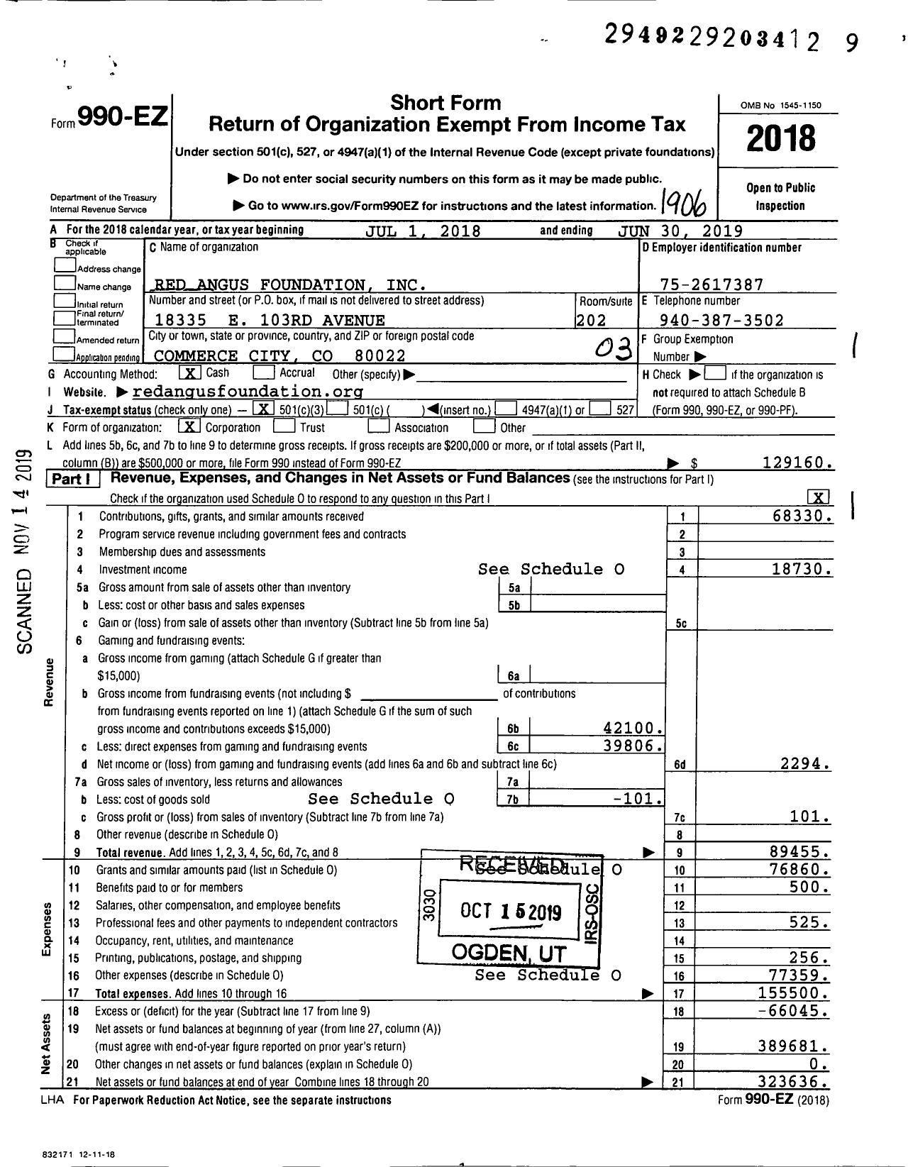 Image of first page of 2018 Form 990EZ for Red Angus Foundation