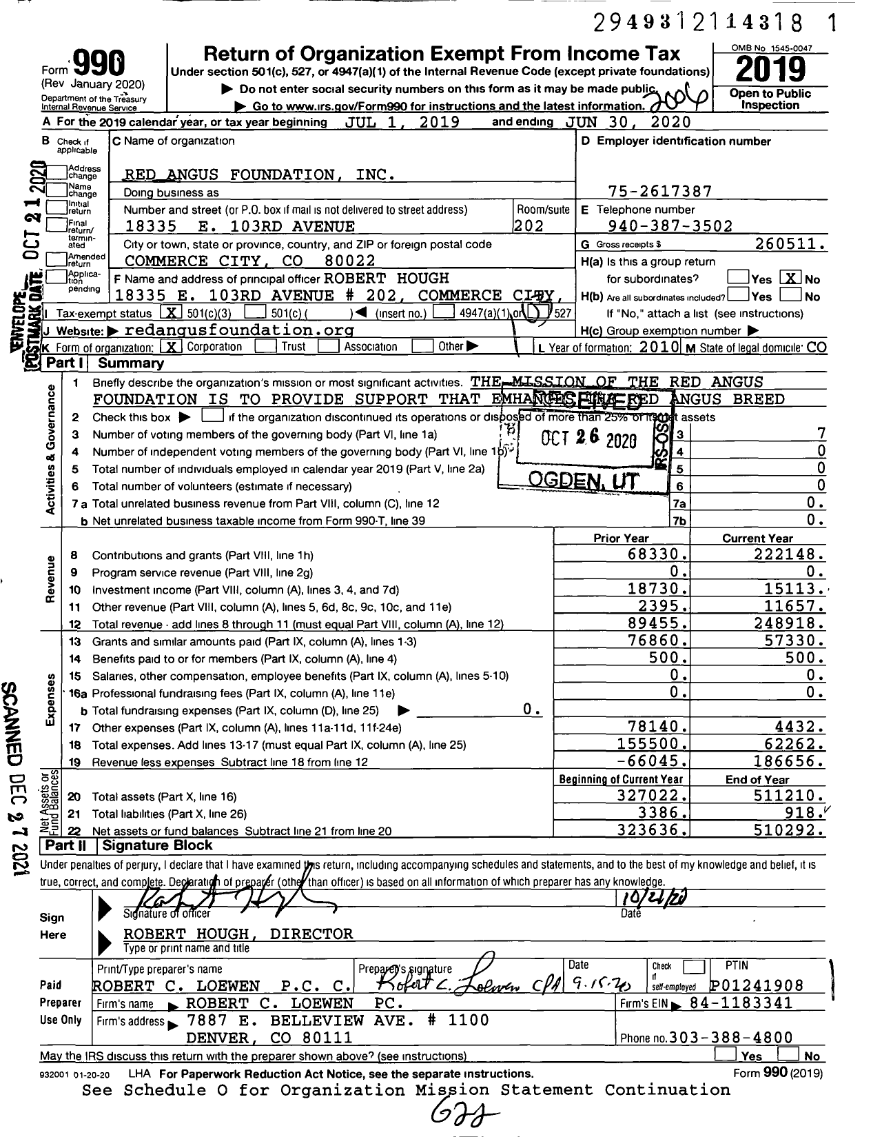 Image of first page of 2019 Form 990 for Red Angus Foundation