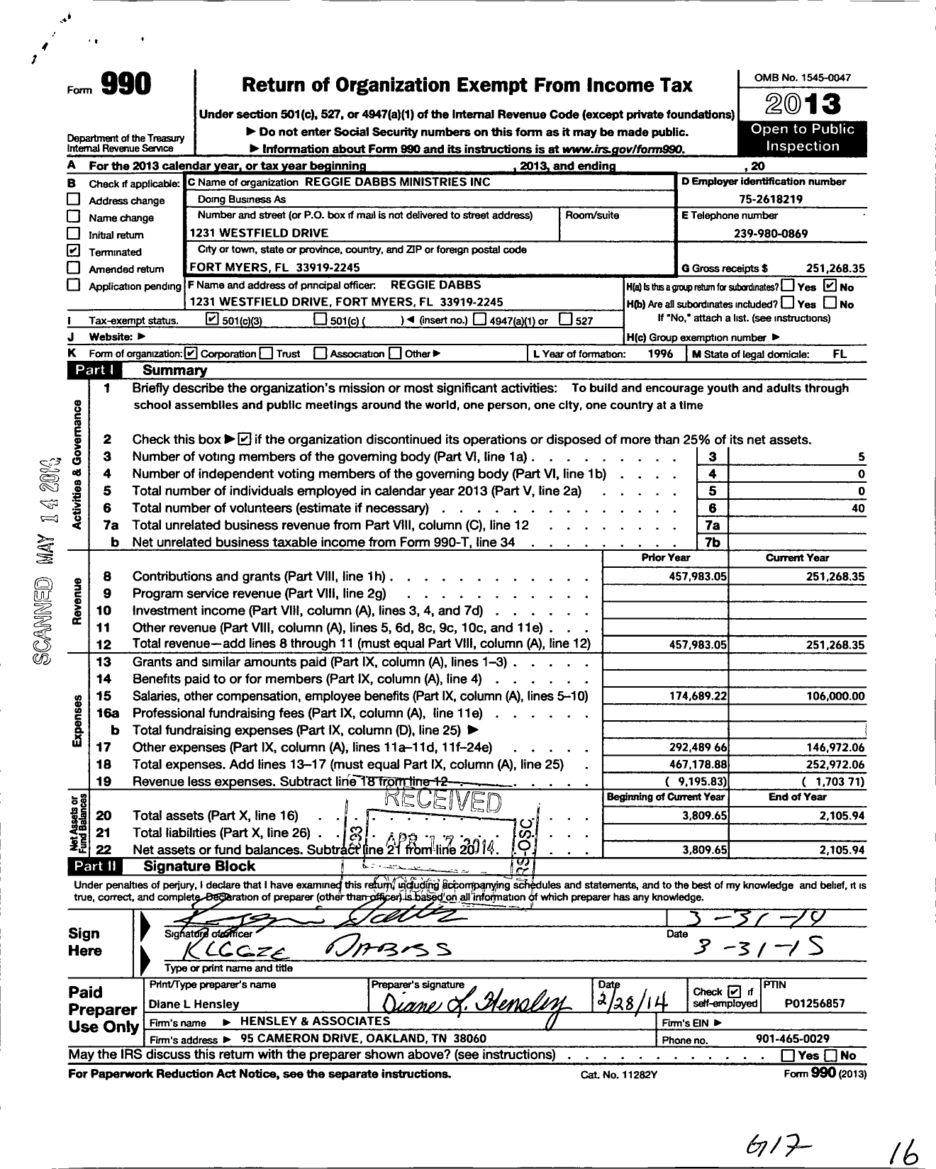 Image of first page of 2013 Form 990 for Reggie Dabbs Ministries