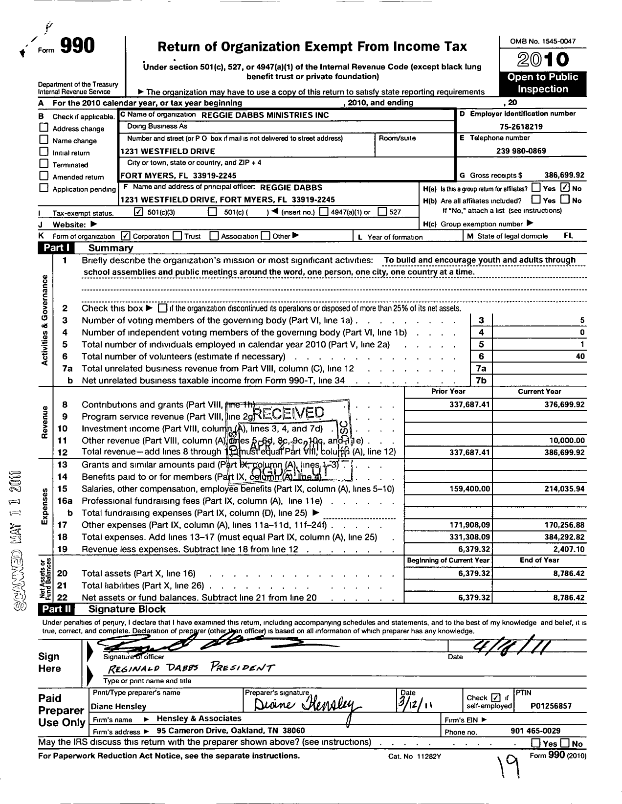 Image of first page of 2010 Form 990 for Reggie Dabbs Ministries