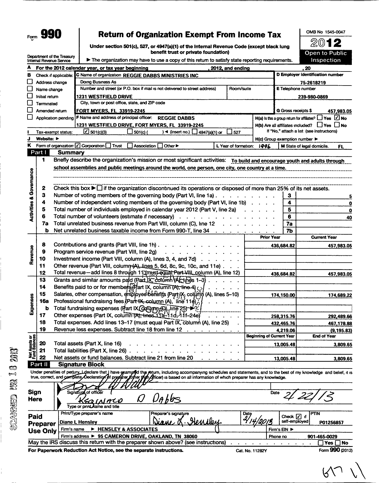 Image of first page of 2012 Form 990 for Reggie Dabbs Ministries