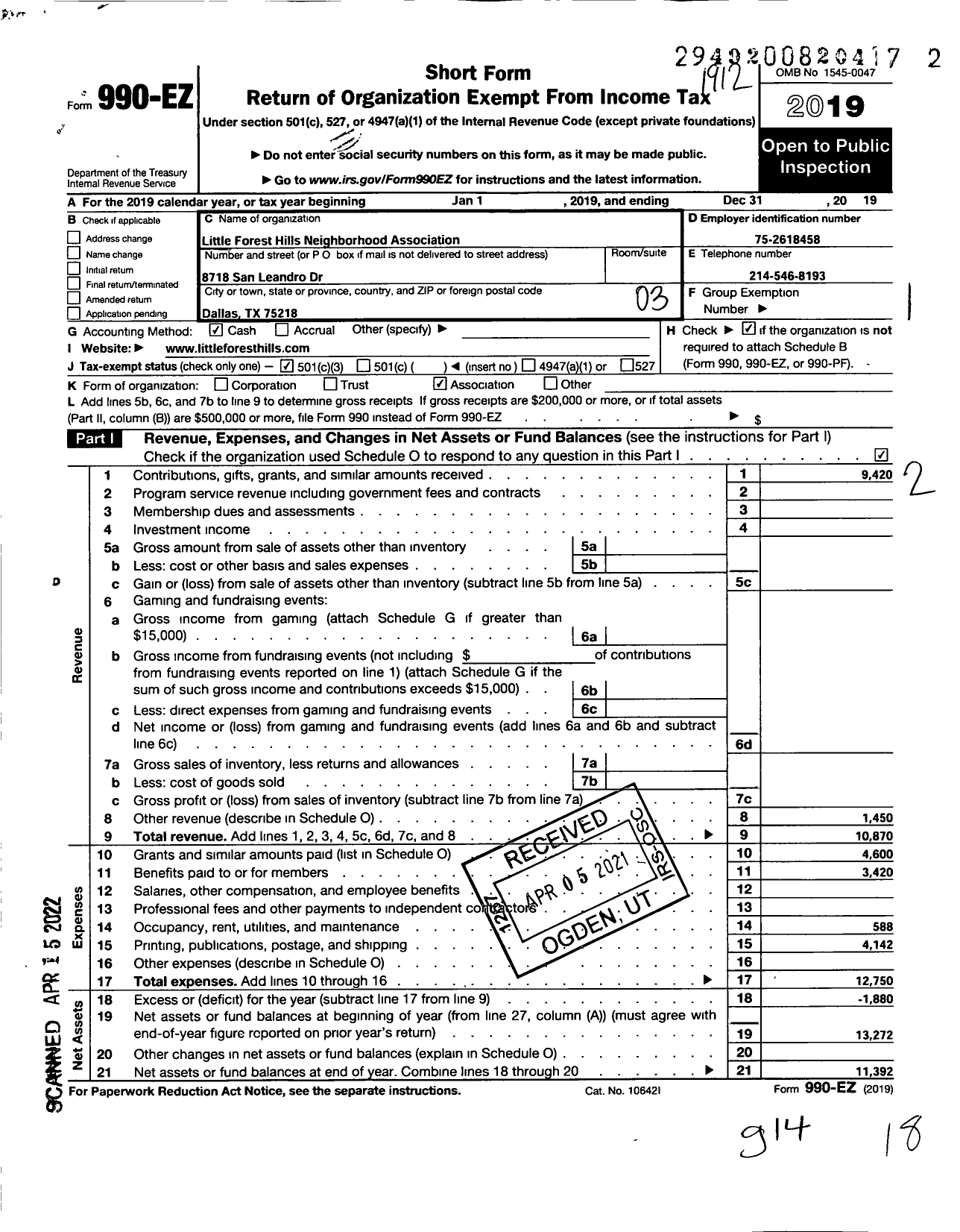 Image of first page of 2019 Form 990EZ for Little Forest Hills Neighborhood