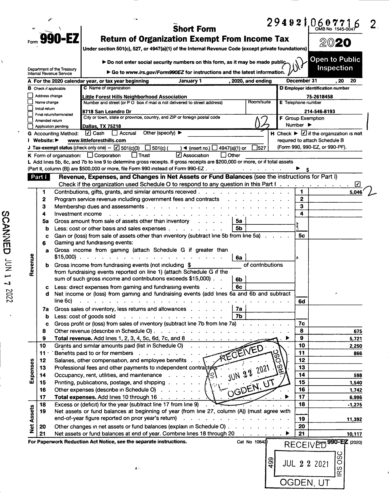 Image of first page of 2020 Form 990EZ for Little Forest Hills Neighborhood