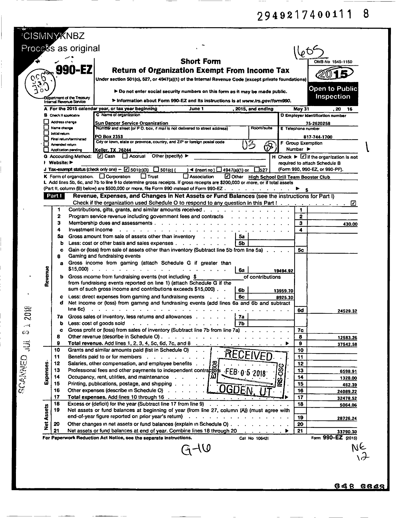 Image of first page of 2015 Form 990EZ for Sun Dancers Service Organization