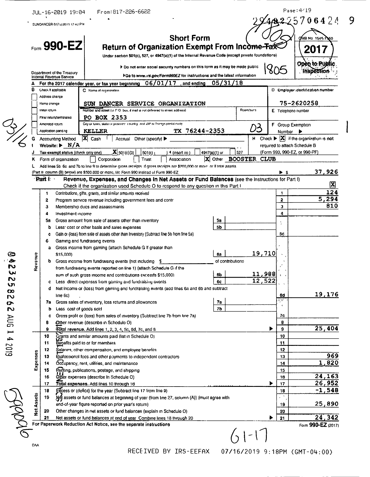 Image of first page of 2017 Form 990EZ for Sun Dancers Service Organization