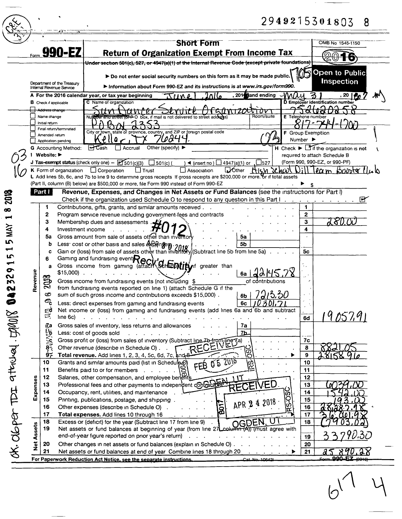 Image of first page of 2016 Form 990EZ for Sun Dancers Service Organization