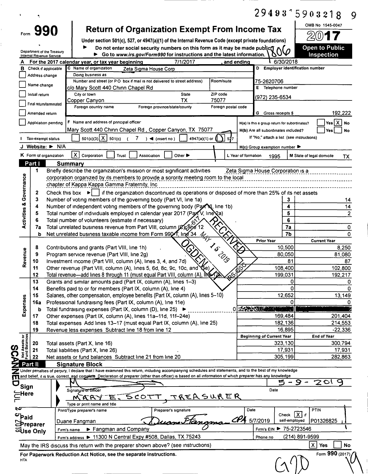 Image of first page of 2017 Form 990O for Zeta Sigma House Corporation of Kappa Kappa Gamma Fraternity