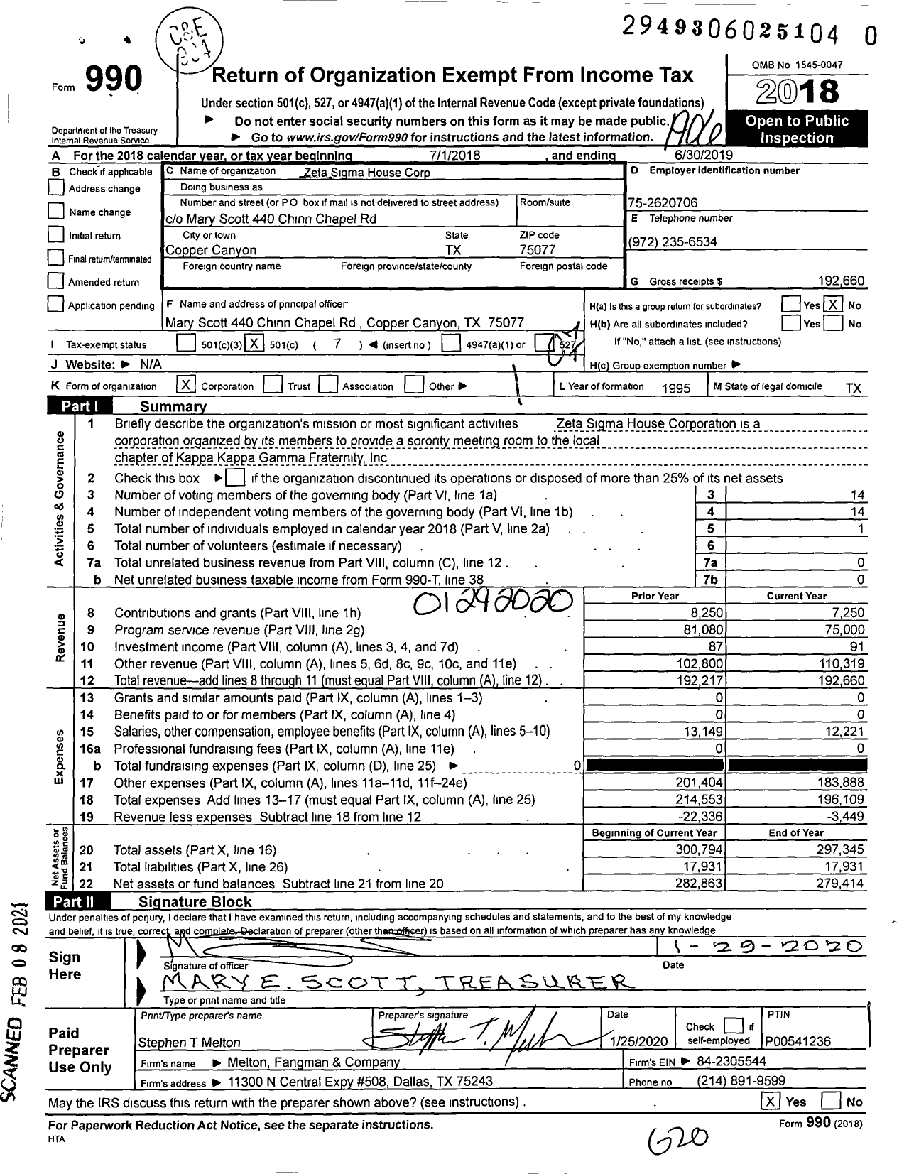 Image of first page of 2018 Form 990O for Zeta Sigma House Corporation of Kappa Kappa Gamma Fraternity