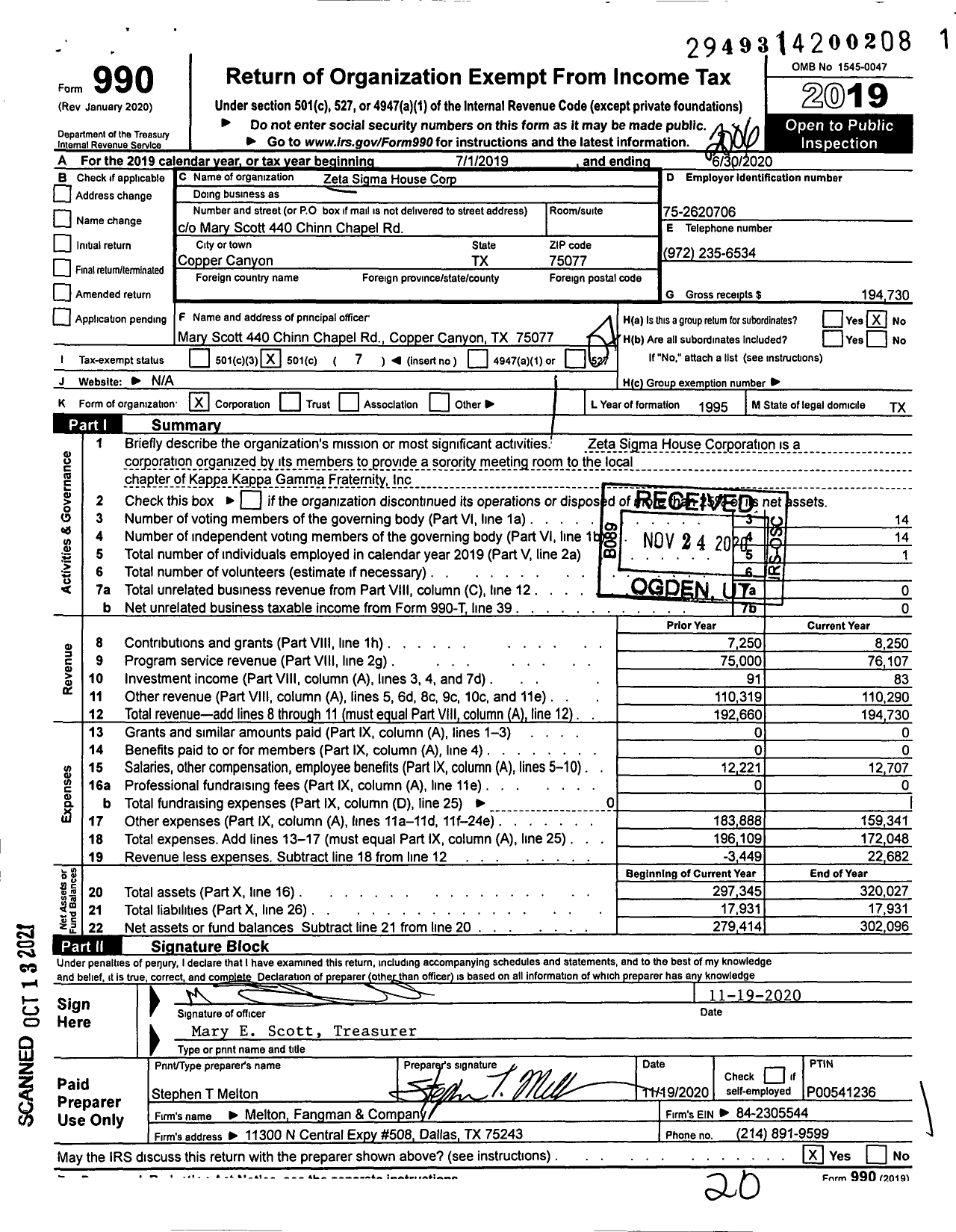 Image of first page of 2019 Form 990O for Zeta Sigma House Corporation of Kappa Kappa Gamma Fraternity