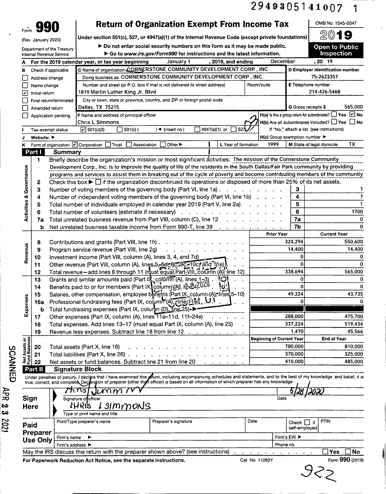 Image of first page of 2019 Form 990 for Cornerstone Community Development Corporation