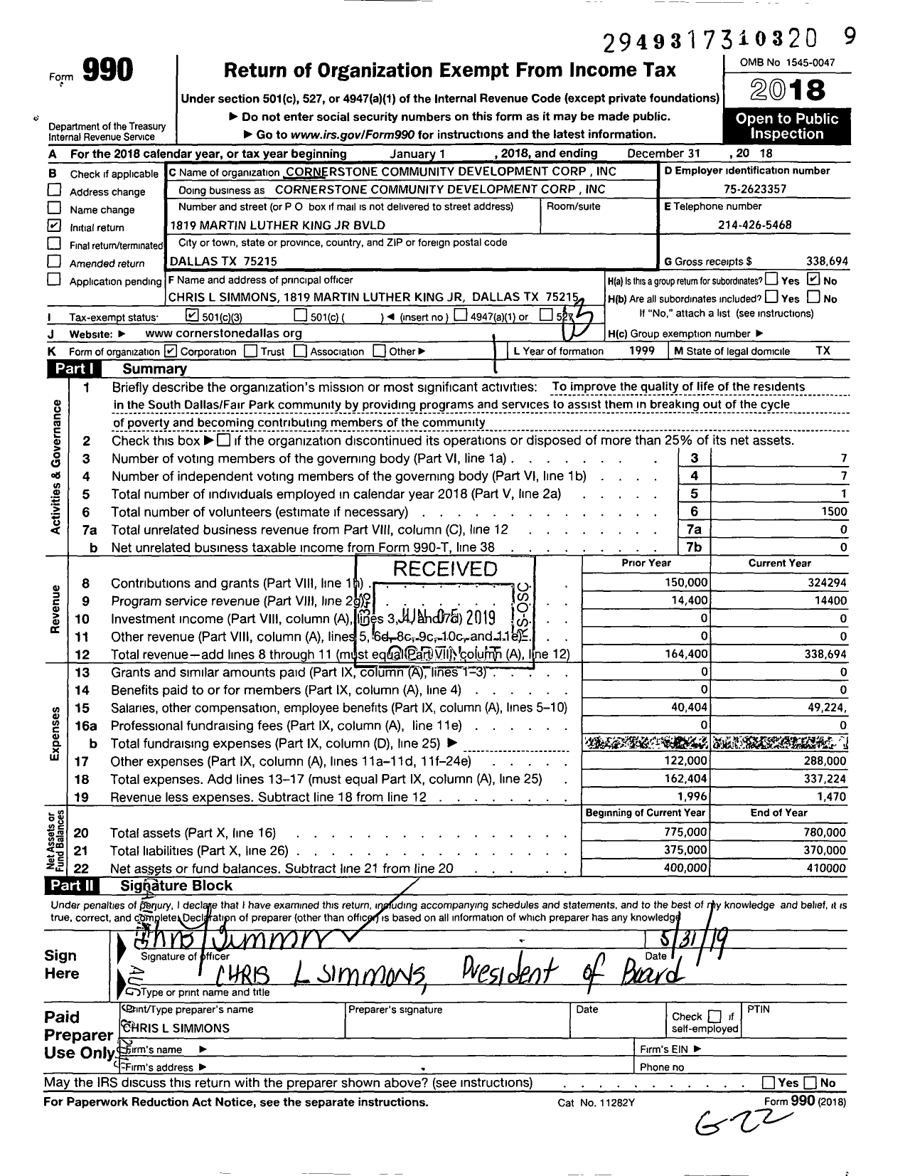 Image of first page of 2018 Form 990 for Cornerstone Community Development Corporation