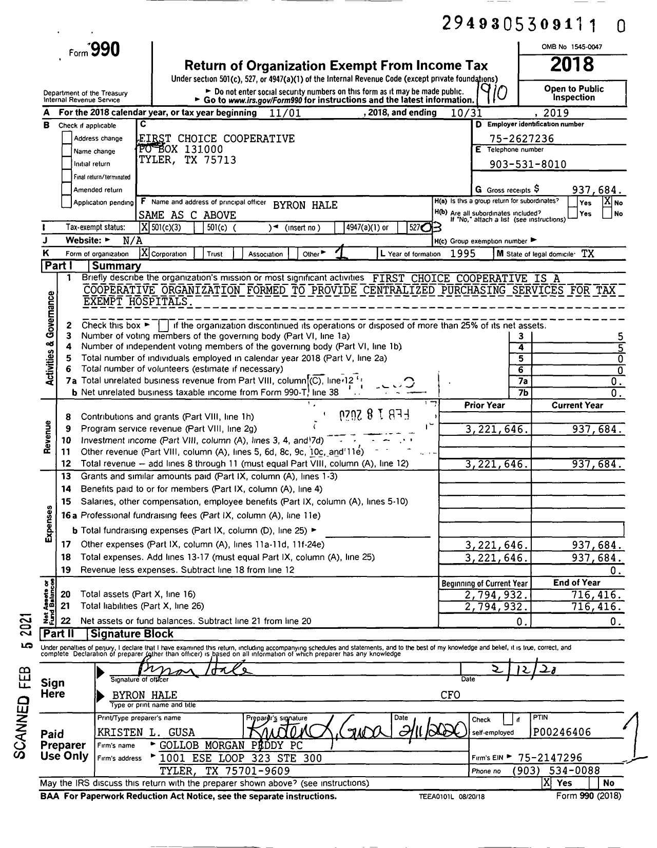 Image of first page of 2018 Form 990 for First Choice Cooperative