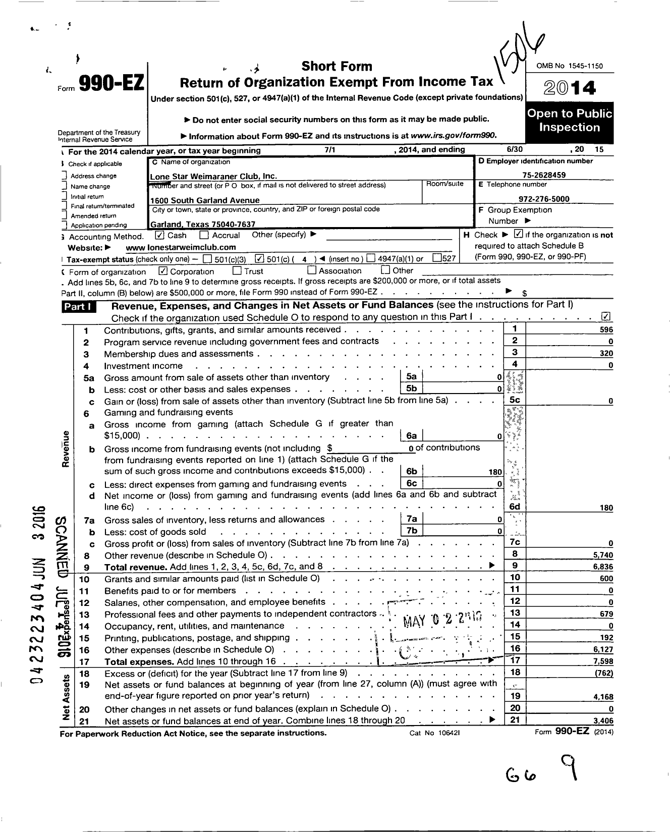 Image of first page of 2014 Form 990EO for Lone Star Weimaraner Club