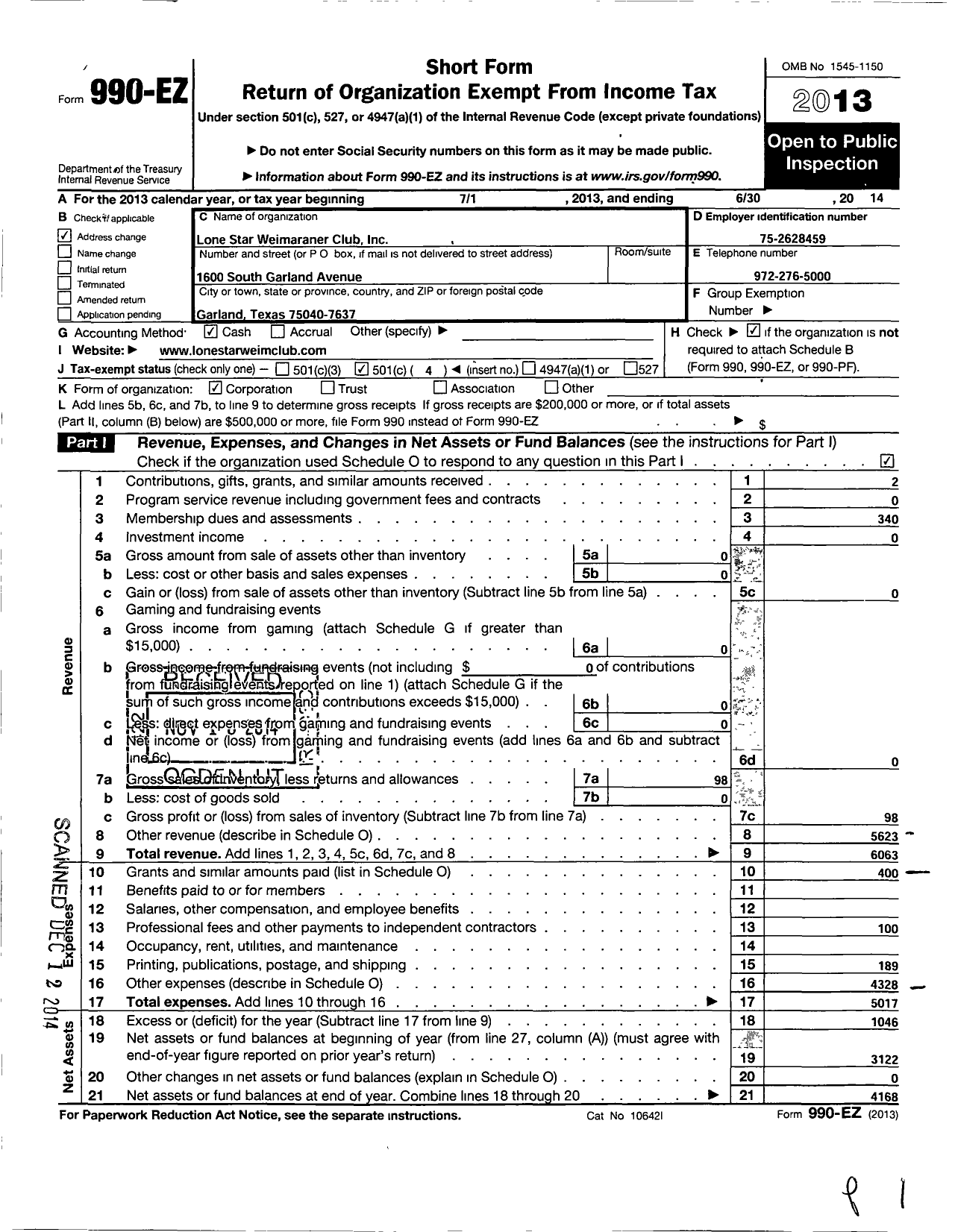 Image of first page of 2013 Form 990EO for Lone Star Weimaraner Club