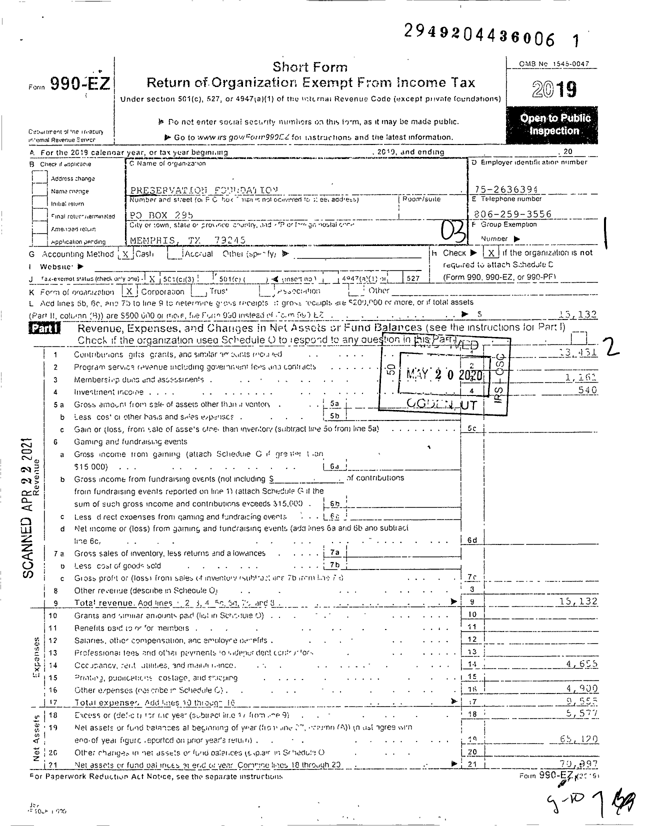 Image of first page of 2019 Form 990EZ for Preservation Foundation