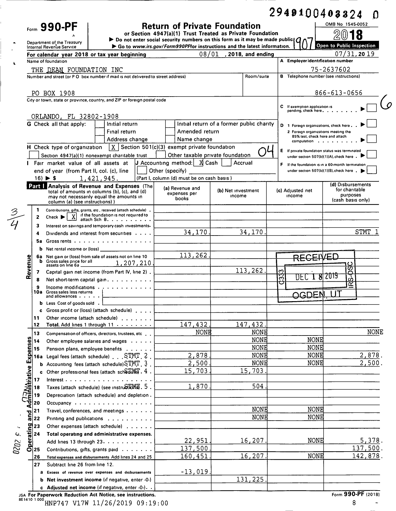 Image of first page of 2018 Form 990PR for Dean Foundation Ima