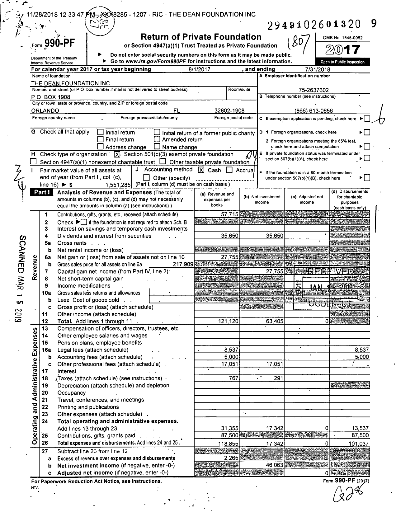 Image of first page of 2017 Form 990PF for Dean Foundation Ima