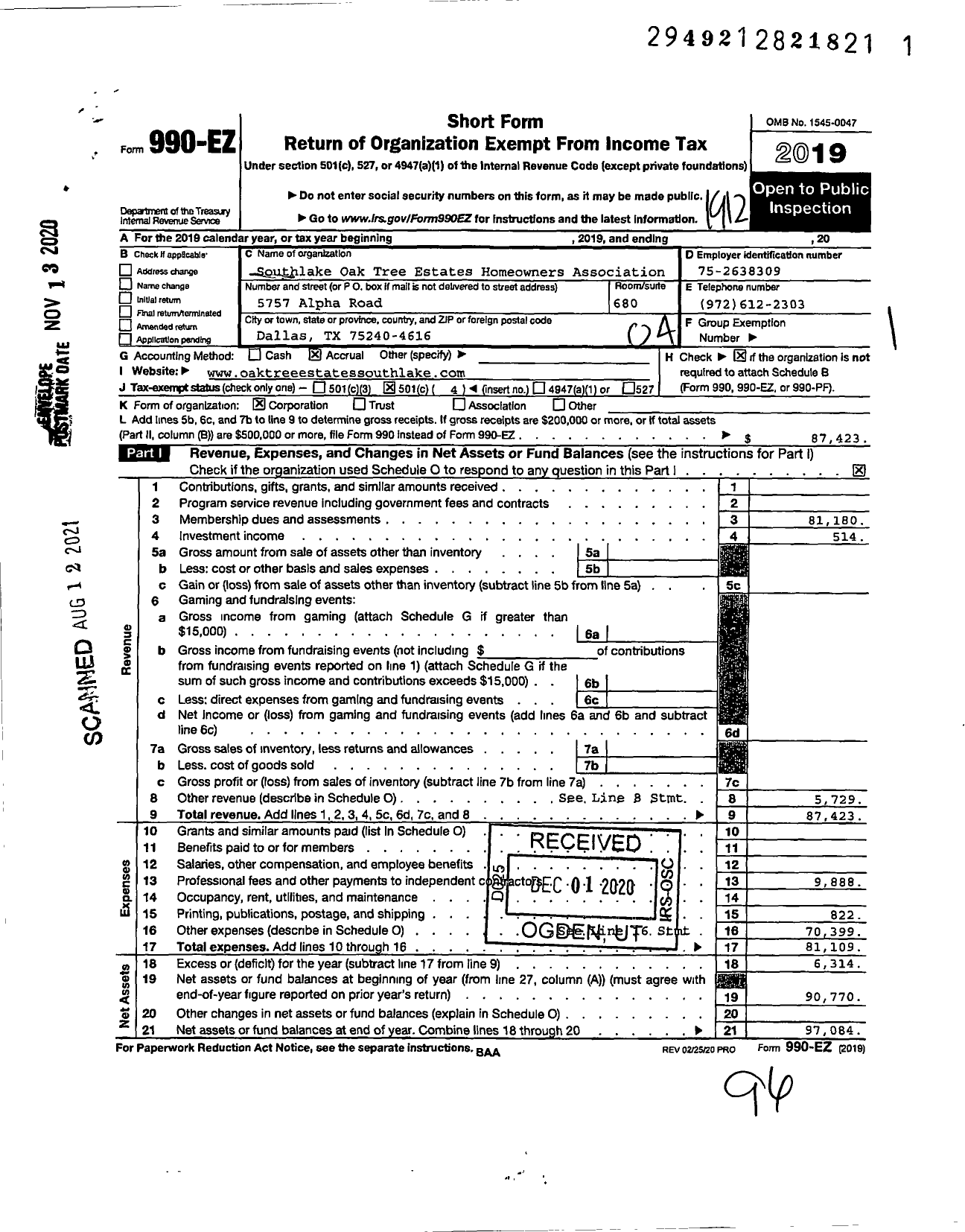 Image of first page of 2019 Form 990EO for Southlake Oak Tree Estates Homeowners Association