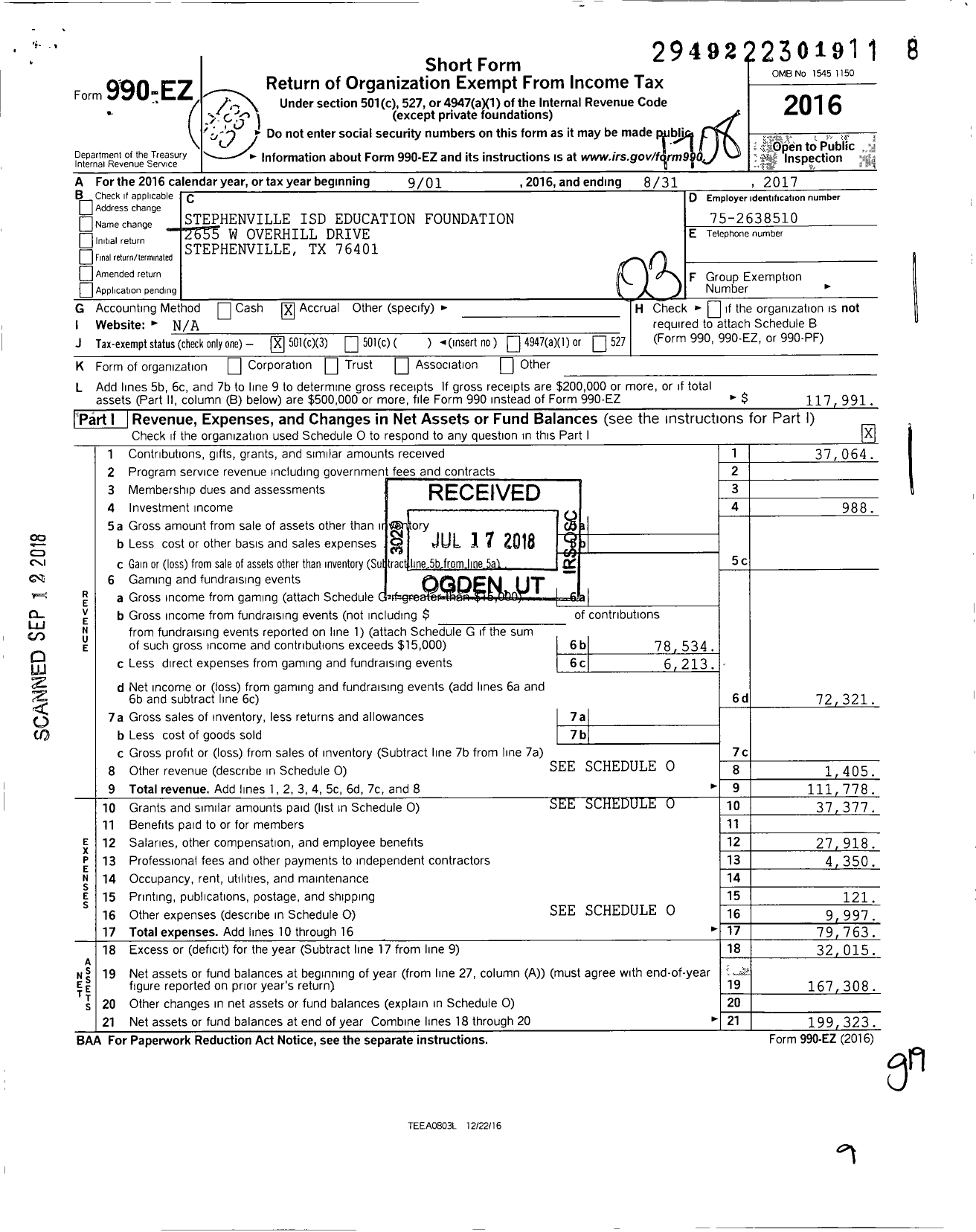 Image of first page of 2016 Form 990EZ for Stephenville ISD Education Foundation