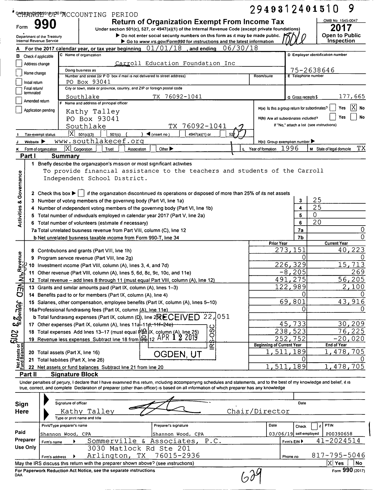 Image of first page of 2017 Form 990 for Carroll Education Foundation