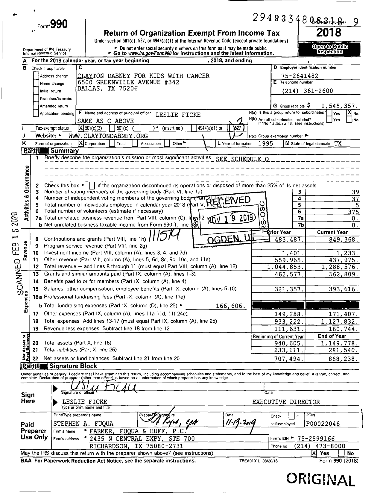 Image of first page of 2018 Form 990 for Clayton Dabney for Kids with Cancer (CDF)