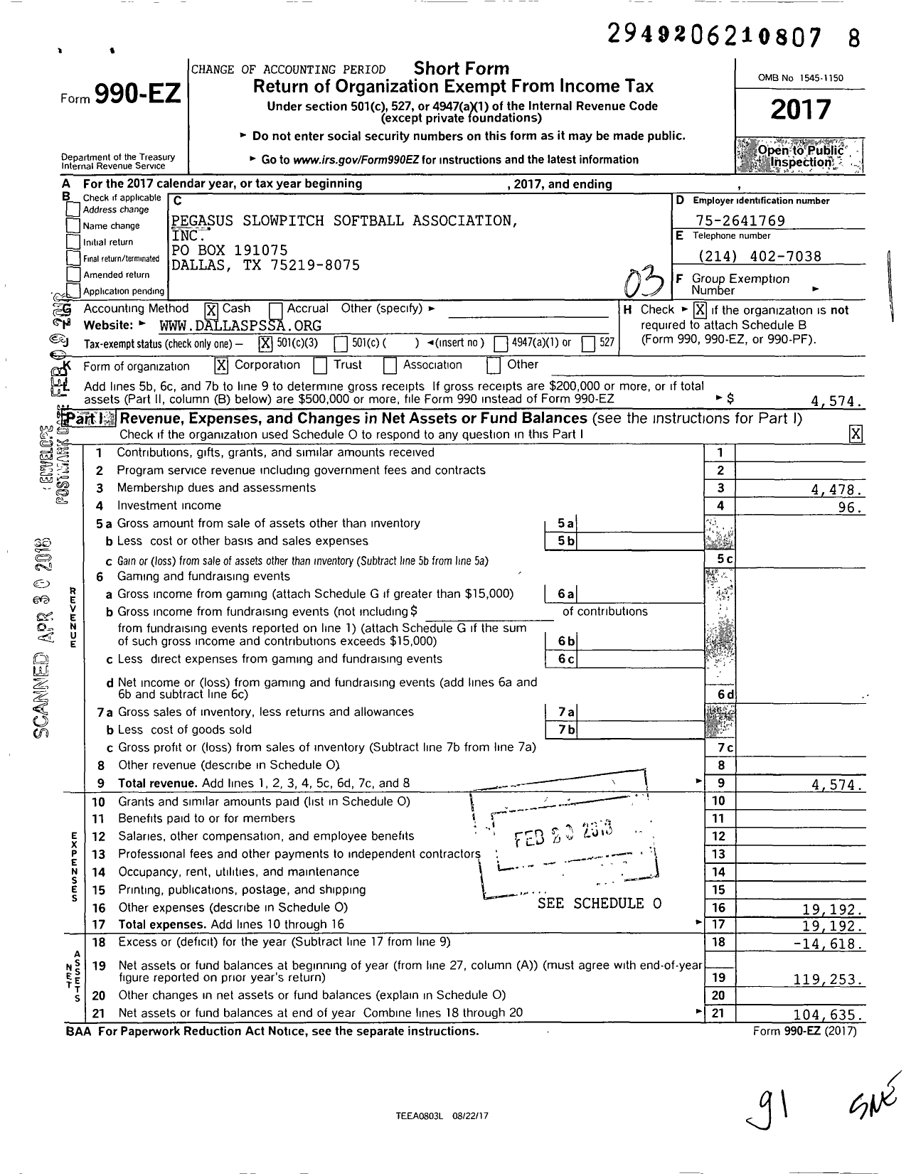 Image of first page of 2017 Form 990EZ for Pegasus Slowpitch Softball Association